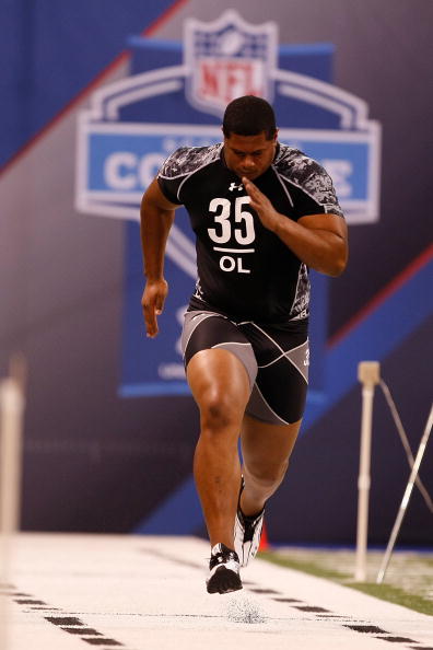 INDIANAPOLIS, IN - FEBRUARY 27: Offensive lineman Roger Saffold of Indiana runs the 40 yard dash during the NFL Scouting Combine presented by Under Armour at Lucas Oil Stadium on February 27, 2010 in Indianapolis, Indiana. (Photo by Scott Boehm/Getty Imag