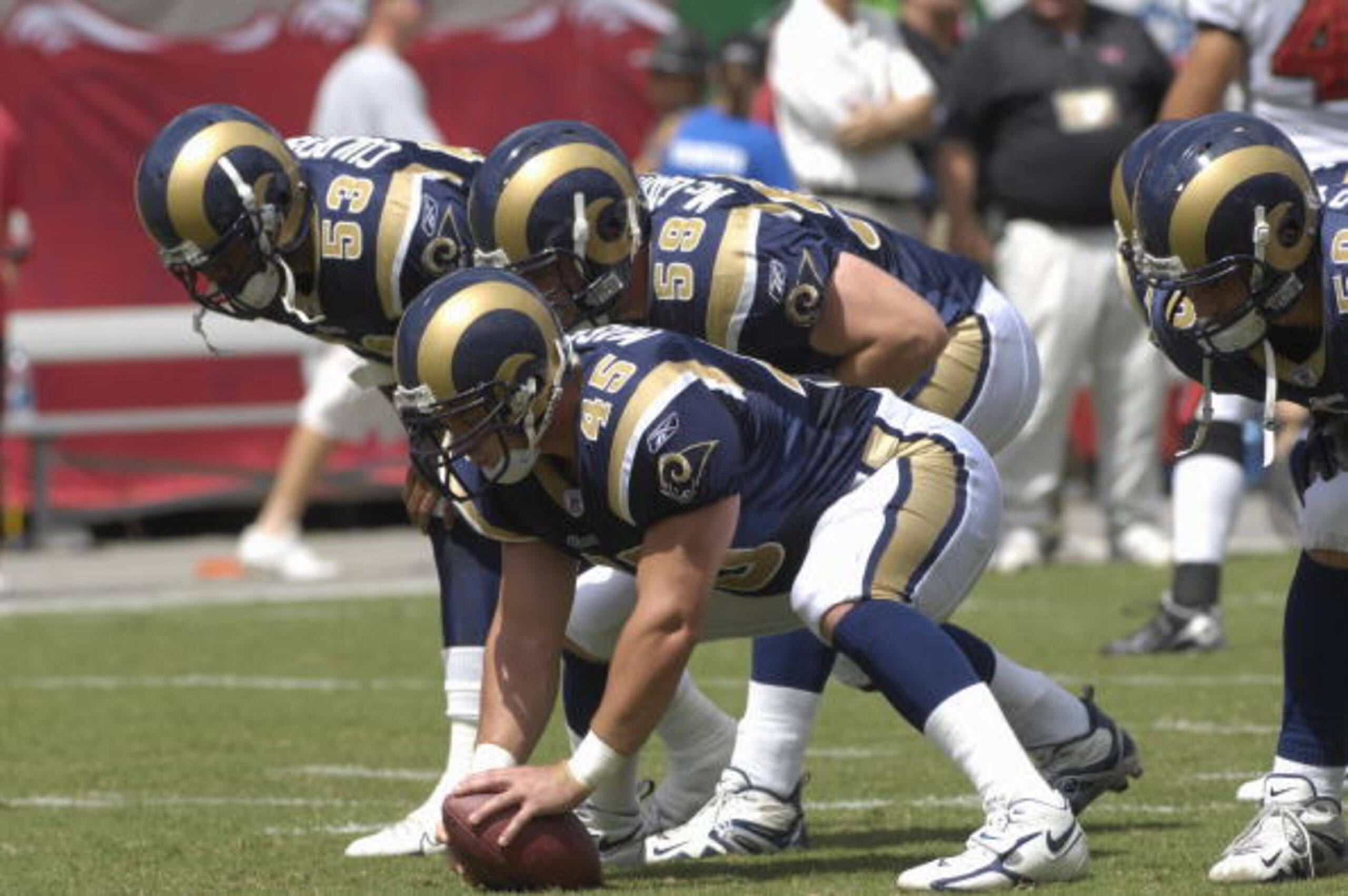 TAMPA, FL - SEPTEMBER 23:  Long snapper Chris Massey #45 of the St. Louis Rams sets for a play against the Tampa Bay Buccaneers at Raymond James Stadium on September 23, 2007 in Tampa, Florida. The Bucs won 24 - 3. (Photo by Al Messerschmidt/Getty Images)