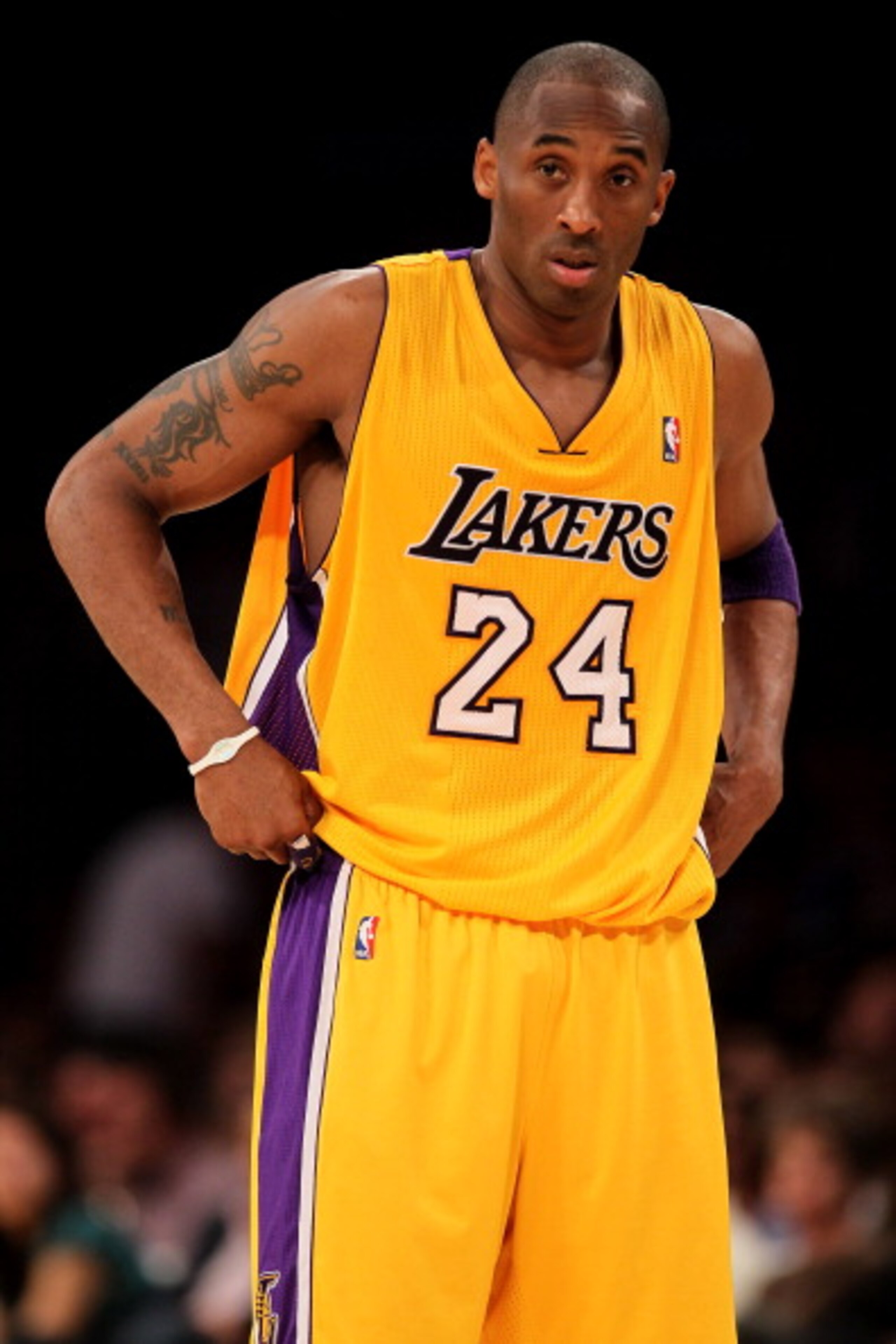 LOS ANGELES, CA - APRIL 5: Kobe Bryant #24 of the Los Angeles Lakers stands on the court in the game with the Utah Jazz at Staples Center on April 5, 2011 in Los Angeles, California. The Jazz won 86-85. NOTE TO USER: User expressly acknowledges and agr LOS ANGELES, CA - APRIL 5: Kobe Bryant #24 of the Los Angeles Lakers stands on the court in the game with the Utah Jazz at Staples Center on April 5, 2011 in Los Angeles, California. The Jazz won 86-85. NOTE TO USER: User expressly acknowledges and agr