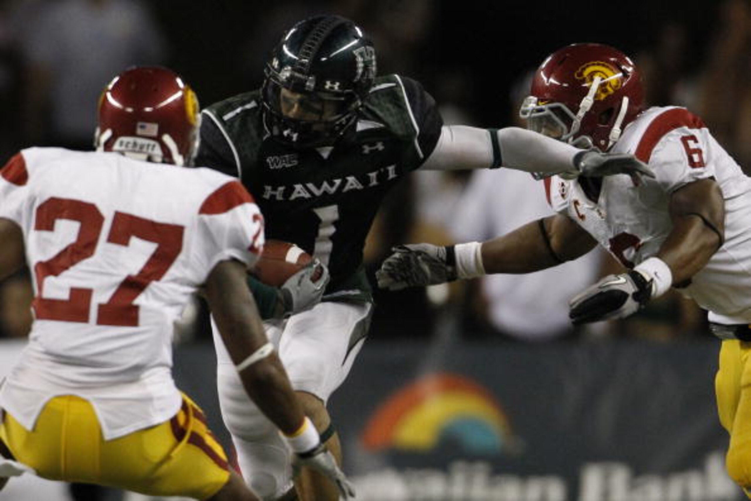 HONOLULU - SEPTEMBER 2: Greg Salas of the University of Hawaii Warriors runs the ball during second half action at Aloha Stadium September 2, 2010 in Honolulu, Hawaii. (Photo by Kent Nishimura/Getty Images) HONOLULU - SEPTEMBER 2: Greg Salas of the University of Hawaii Warriors runs the ball during second half action at Aloha Stadium September 2, 2010 in Honolulu, Hawaii. (Photo by Kent Nishimura/Getty Images)