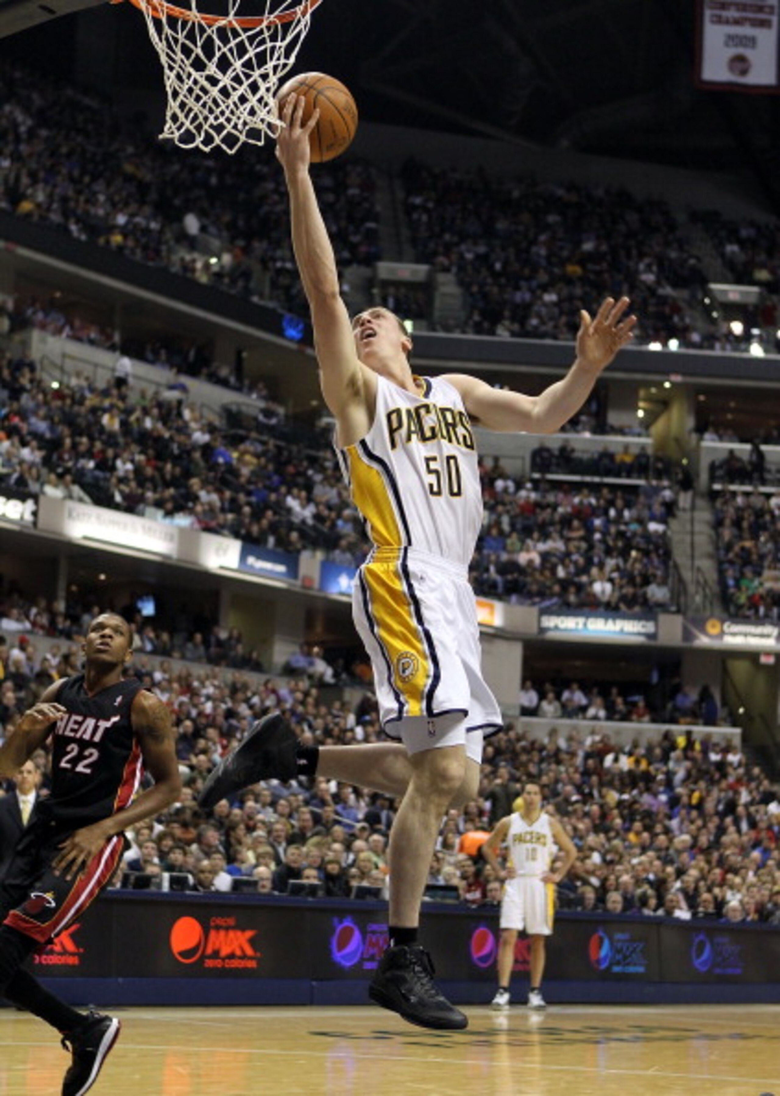 INDIANAPOLIS - FEBRUARY 15:  Tyler Hansbrough #50 of the Indiana Pacers shoots the ball during the NBA game against the  Miami Heat at Conseco Fieldhouse on February 15, 2011 in Indianapolis, Indiana.   NOTE TO USER: User expressly acknowledges and agrees