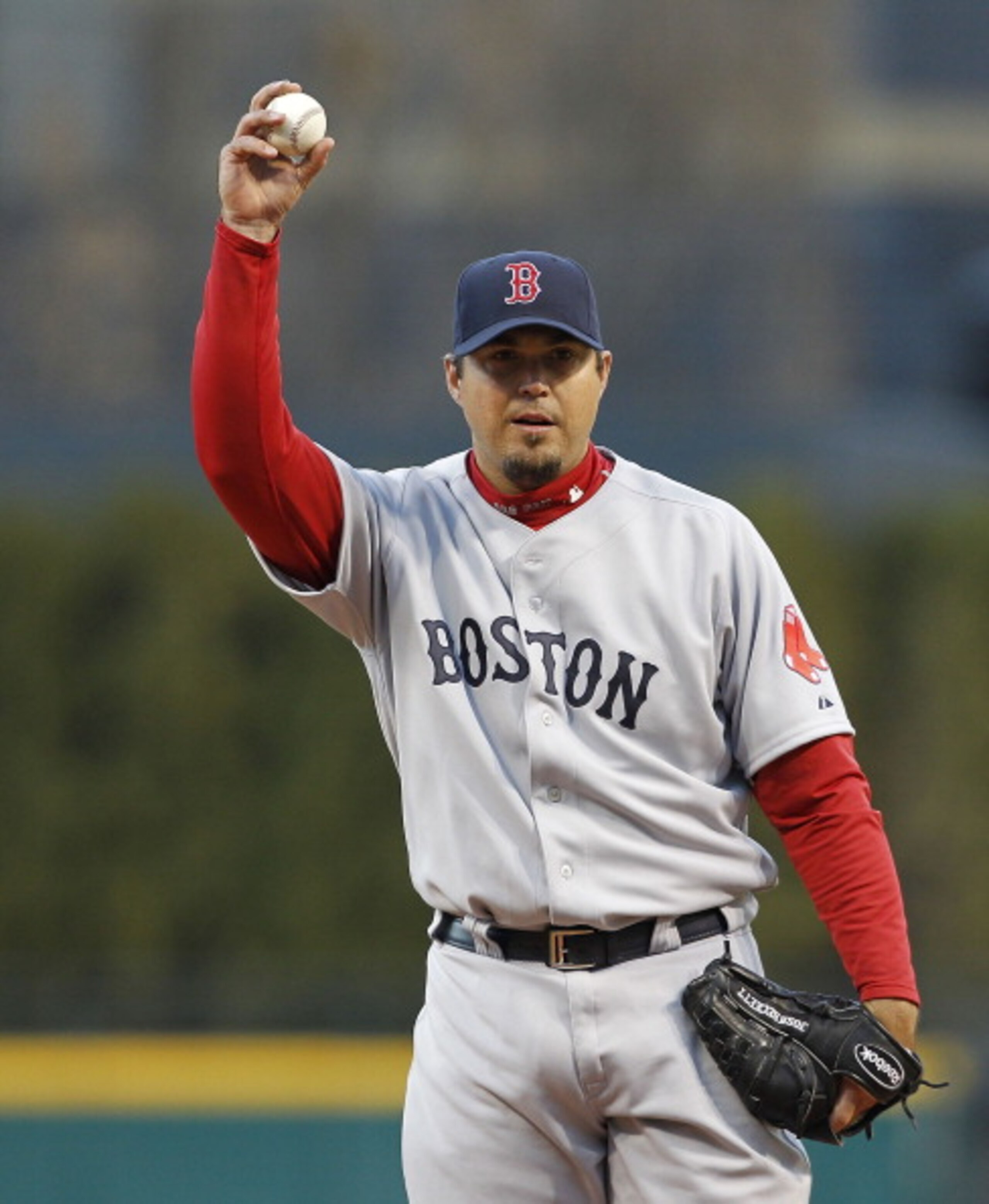 CLEVELAND - APRIL 05:  Josh Beckett #19 of the Boston Red Sox warms up prior to the start of the game against the  Cleveland Indians at Progressive Field on April 5, 2011 in Cleveland, Ohio. The Indians defeated the Red Sox 3-1. (Photo by Leon Halip/Getty
