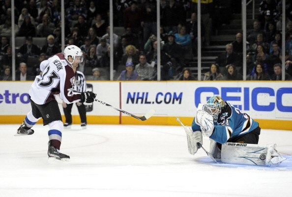 SAN JOSE, CA - MARCH 1: Antti Niemi #31 of the San Jose Sharks blocks the shot of Milan Hejduk #23 of the Colorado Avalanche in a shootout during an NHL hockey game at the HP Pavilion on March 1, 2011 in San Jose, California. The Sharks won the game in a