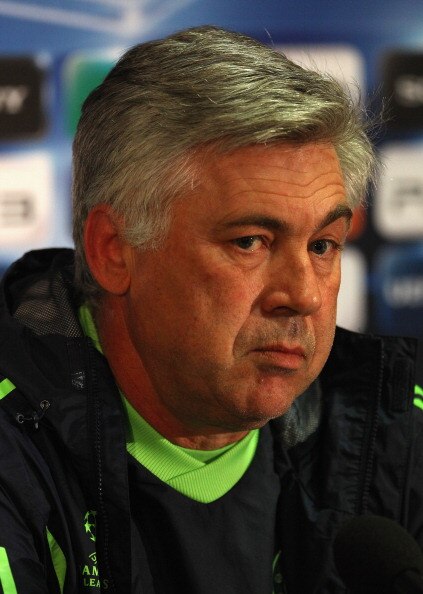MANCHESTER, ENGLAND - APRIL 11:  Carlo Ancelotti the manager of Chelsea faces the media during a press conference ahead of their UEFA Champions League quarter final second leg match against Manchester United at Old Trafford on April 11, 2011 in Manchester