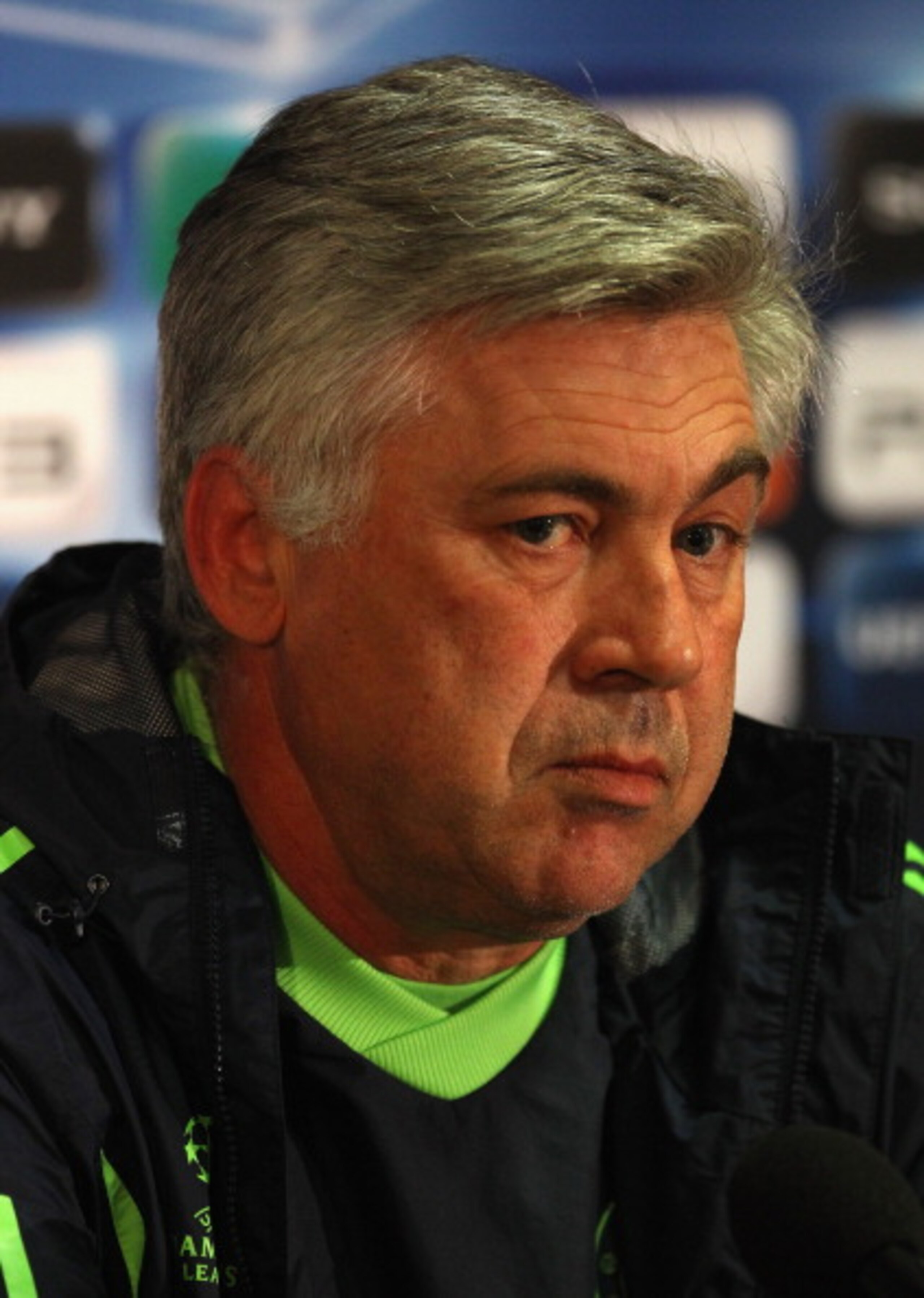 MANCHESTER, ENGLAND - APRIL 11:  Carlo Ancelotti the manager of Chelsea faces the media during a press conference ahead of their UEFA Champions League quarter final second leg match against Manchester United at Old Trafford on April 11, 2011 in Manchester