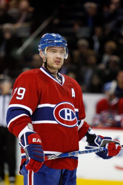 MONTREAL- NOVEMBER 9:  Andrei Markov #79 of the Montreal Canadiens waits for a faceoff during the NHL game Vancouver Canucks at the Bell Centre on November 9, 2010 in Montreal, Quebec, Canada.  The Canadiens defeated the Canucks 2-0.  (Photo by Richard Wo