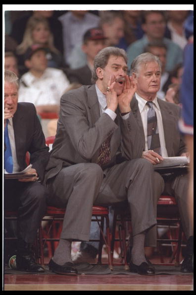 13 May 1993:  Chicago Bulls head coach Phil Jackson looks on during a second round playoff game against the Cleveland Cavaliers at the Gund Arena in Cleveland, Ohio.  The Bulls won the game, 104-85. Mandatory Credit: Jonathan Daniel  /Allsport