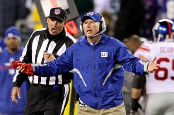 PHILADELPHIA - NOVEMBER 21: Head coach Tom Coughlin of the New York Giants reacts after a fumble by Eli Manning #10 late in the fourth quarteragainst the Philadelphia Eagles at Lincoln Financial Field on November 21, 2010 in Philadelphia, Pennsylvania. ( PHILADELPHIA - NOVEMBER 21: Head coach Tom Coughlin of the New York Giants reacts after a fumble by Eli Manning #10 late in the fourth quarteragainst the Philadelphia Eagles at Lincoln Financial Field on November 21, 2010 in Philadelphia, Pennsylvania. (