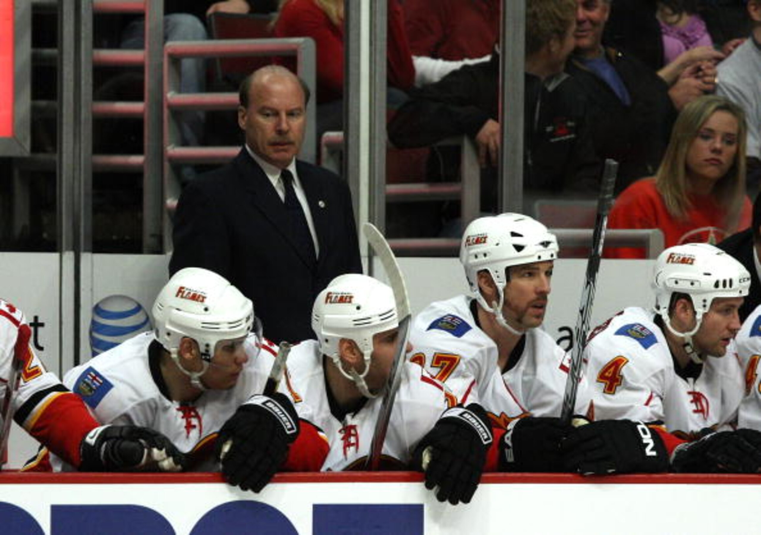 CHICAGO - APRIL 16:  Head coach Mike Keenan of the Calgary Flames looks on from the bench during play in the second period against the Chicago Blackhawks during Game One of the Western Conference Quarterfinals of the 2009 Stanley Cup Playoffs on April 16,