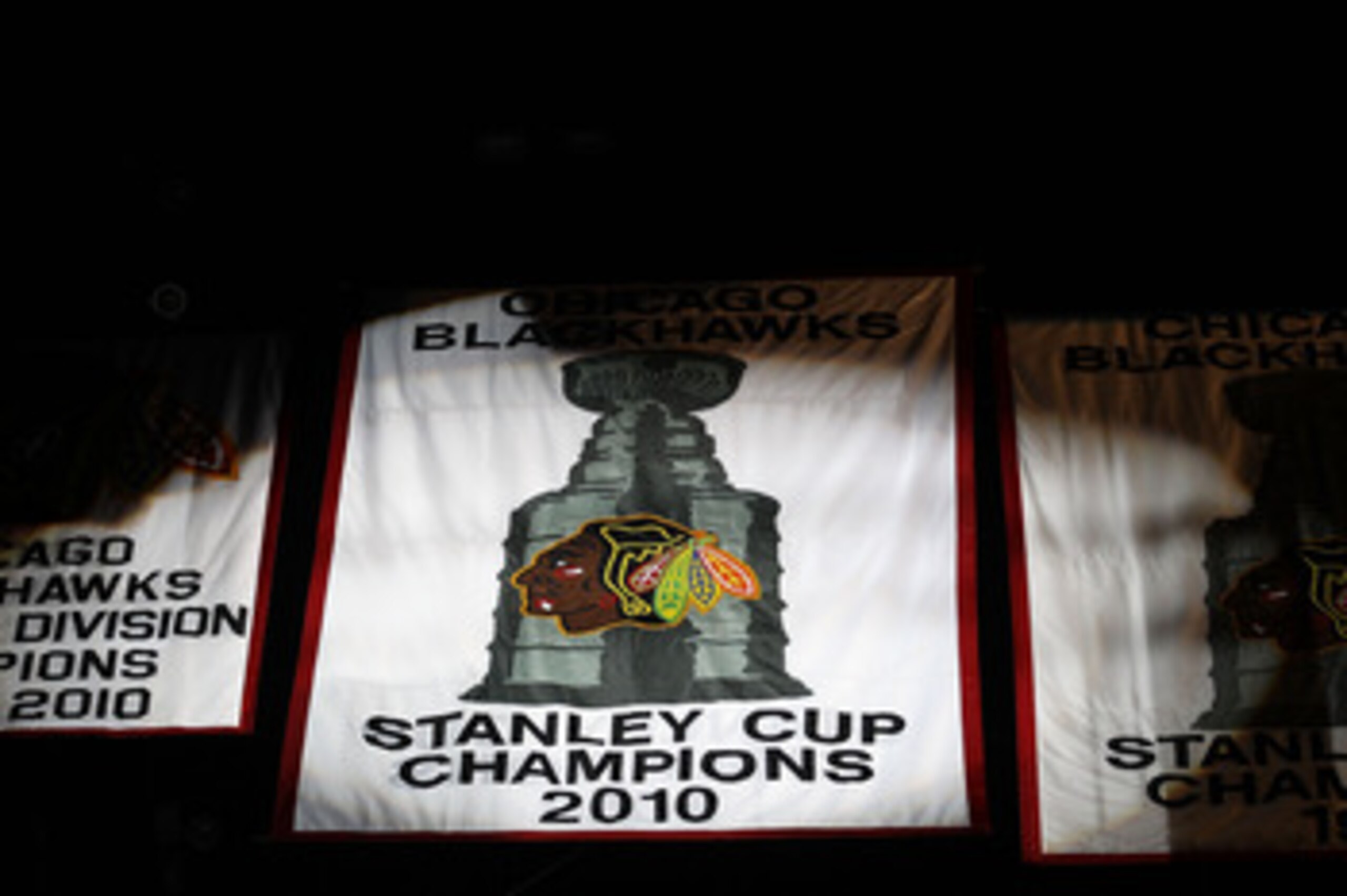 CHICAGO - OCTOBER 09: The 2010 Stanley Cup Championship banner is seen during a ceremony before the Chicago Blackhawks season home opening game against the Detroit Red Wings at the United Center on October 9, 2010 in Chicago, Illinois. (Photo by Jonathan
