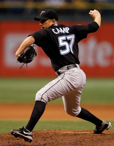 ST. PETERSBURG - APRIL 25:  Pitcher Shawn Camp #57 of the Toronto Blue Jays pitches against the Tampa Bay Rays during the game at Tropicana Field on April 25, 2010 in St. Petersburg, Florida.  (Photo by J. Meric/Getty Images)