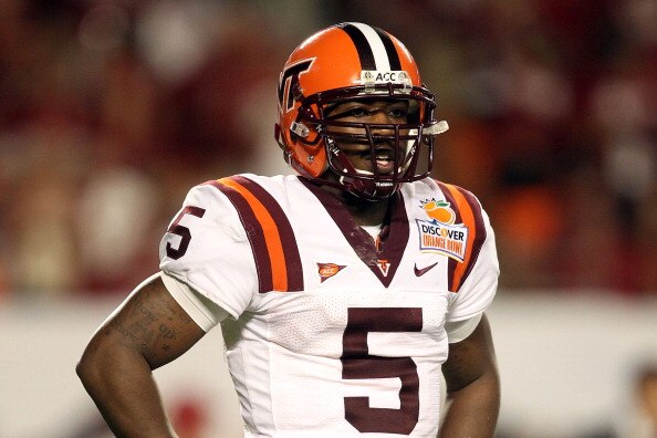 MIAMI, FL - JANUARY 03:  Tyrod Taylor #5 of the Virginia Tech Hokies look towards the sideline against the Stanford Cardinal during the 2011 Discover Orange Bowl at Sun Life Stadium on January 3, 2011 in Miami, Florida. Stanford won 40-12.  (Photo by Stre