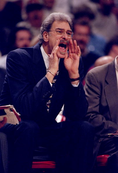 12 Nov 1997:  Coach Phil Jackson of the Chicago Bulls yells instructions to his teammates during a game against the Washington Wizards at the United Center in Chicago, Illinois.  The Wizards won the game 90-83. Mandatory Credit: Jonathan Daniel  /Allsport