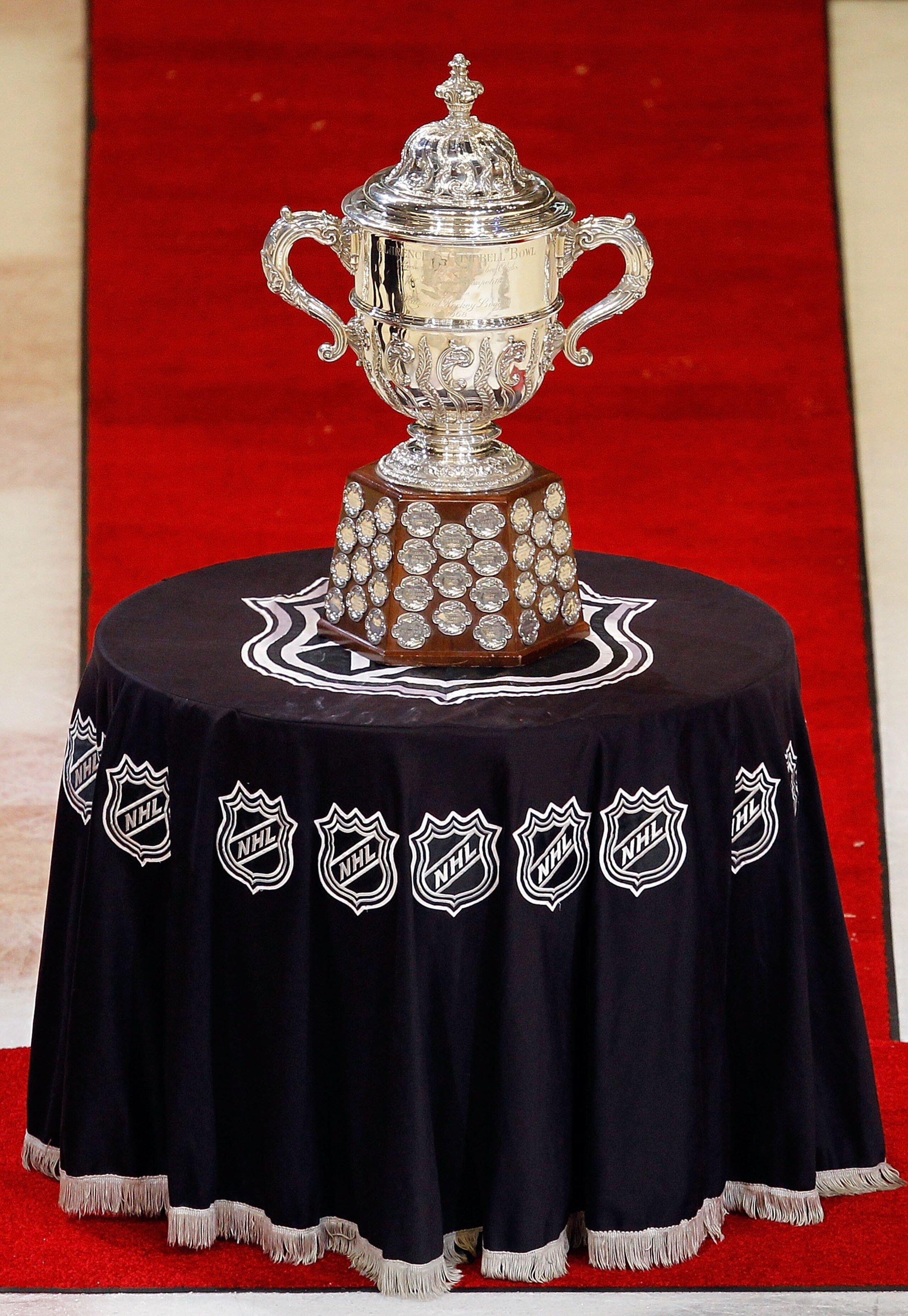 CHICAGO - MAY 23:  The Campbell Trophy is displayed prior to being awarded to the Chicago Blackhawks after winning the Western Conference after the Blackhawks 4-2 victory in Game Four of the Western Conference Finals during the 2010 NHL Stanley Cup Playof
