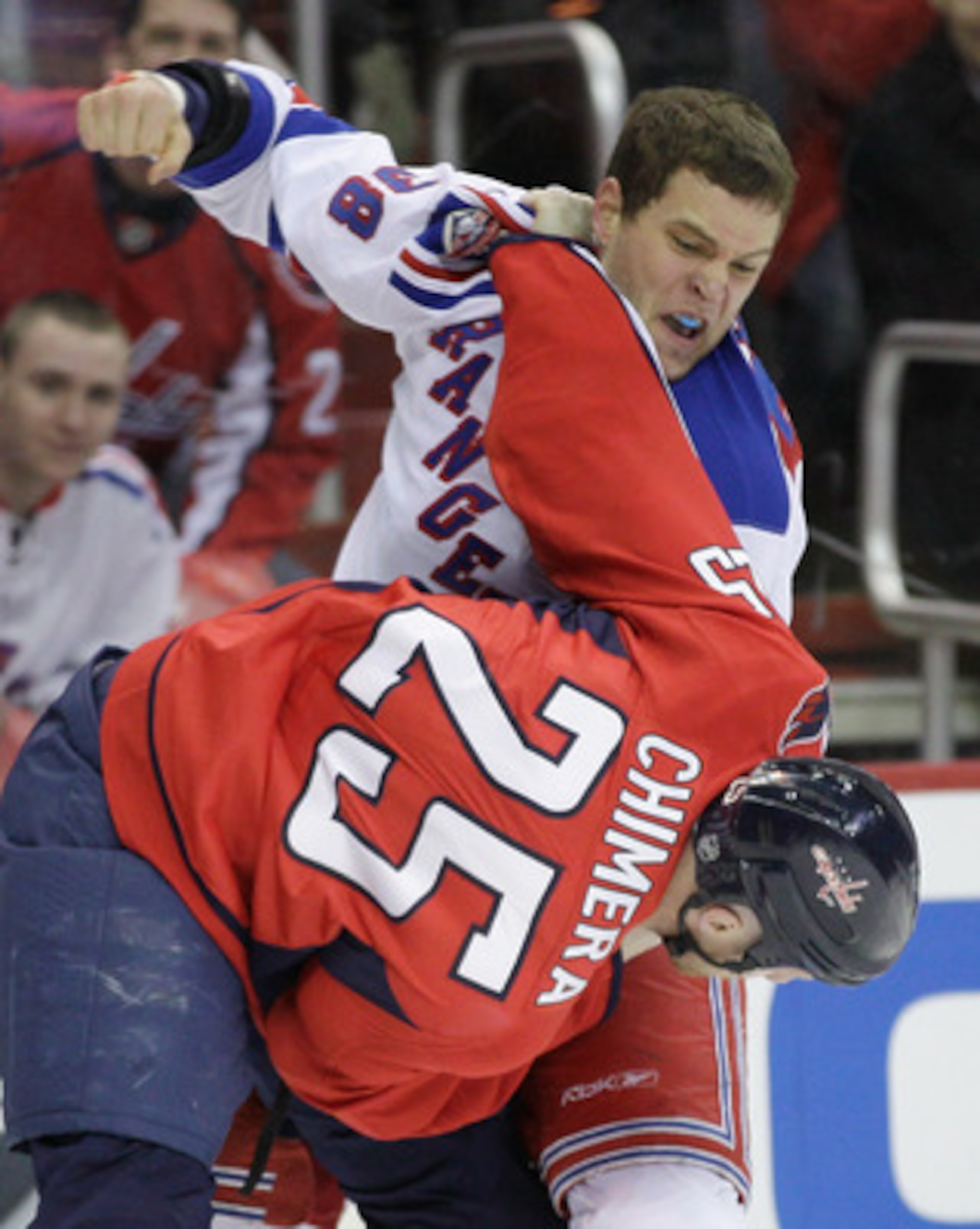 WASHINGTON, DC - FEBRUARY 25: Michael Sauer #38 of the New York Rangers and Jason Chimera #25 of the Washington Capitals fight during the first period at the Verizon Center on February 25, 2011 in Washington, DC. (Photo by Rob Carr/Getty Images) WASHINGTON, DC - FEBRUARY 25: Michael Sauer #38 of the New York Rangers and Jason Chimera #25 of the Washington Capitals fight during the first period at the Verizon Center on February 25, 2011 in Washington, DC. (Photo by Rob Carr/Getty Images)
