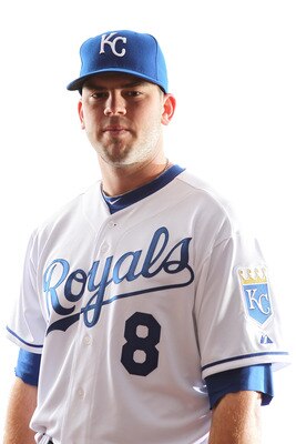 SURPRISE, AZ - FEBRUARY 23:  Mike Moustakas #8 of the Kansas City Royals poses for a portrait during Spring Training Media Day on February 23, 2011 at Surprise Stadium in Surprise, Arizona..  (Photo by Jonathan Ferrey/Getty Images)