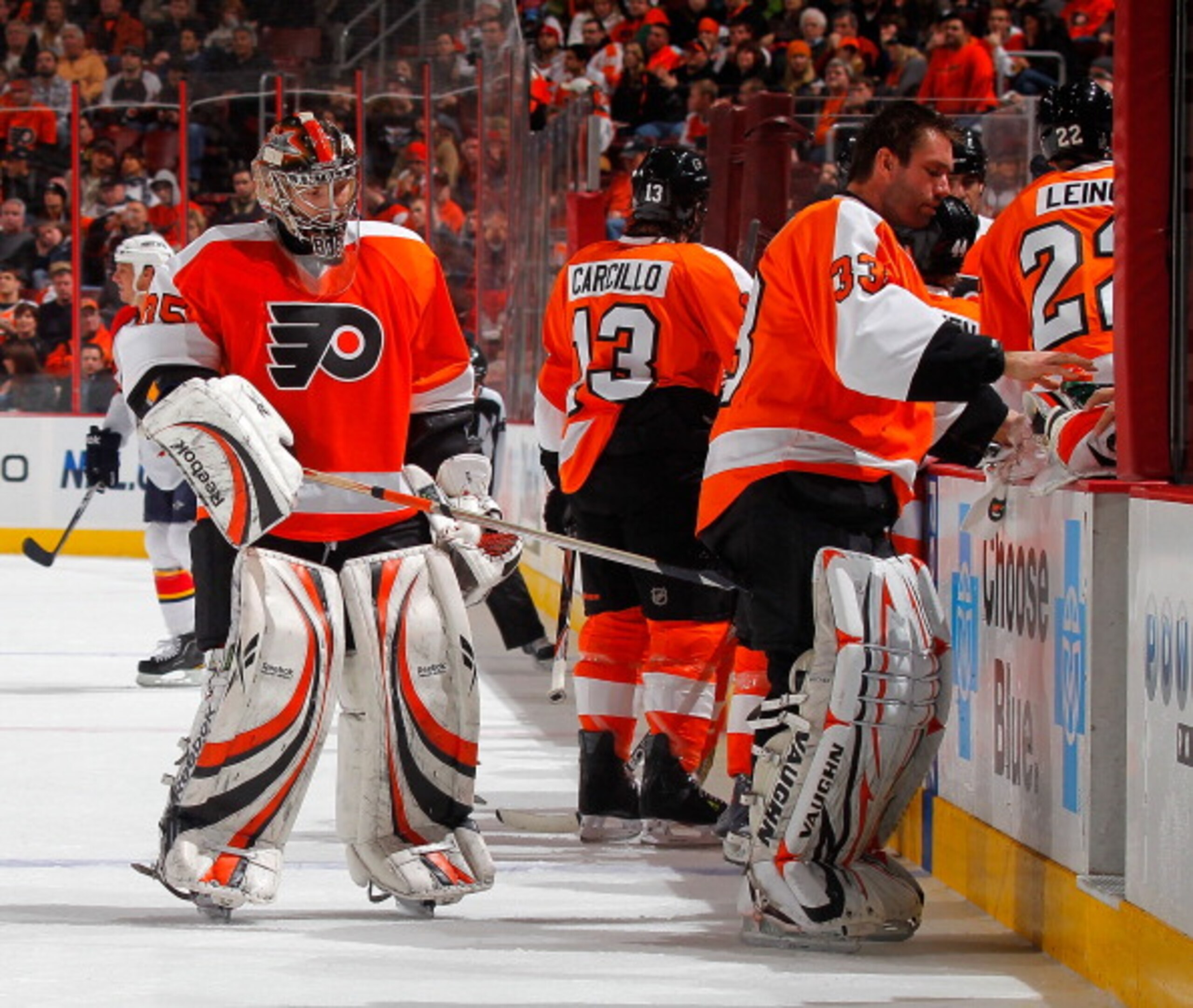 PHILADELPHIA, PA - DECEMBER 20: Goalie Sergei Bobrovsky #35 of the Philadelphia Flyers gives his teammate Goalie Brian Boucher #33 a tap with his stick as Bobrovsky was just removed from the game after giving up four goals in a period and a half and Bouc PHILADELPHIA, PA - DECEMBER 20: Goalie Sergei Bobrovsky #35 of the Philadelphia Flyers gives his teammate Goalie Brian Boucher #33 a tap with his stick as Bobrovsky was just removed from the game after giving up four goals in a period and a half and Bouc