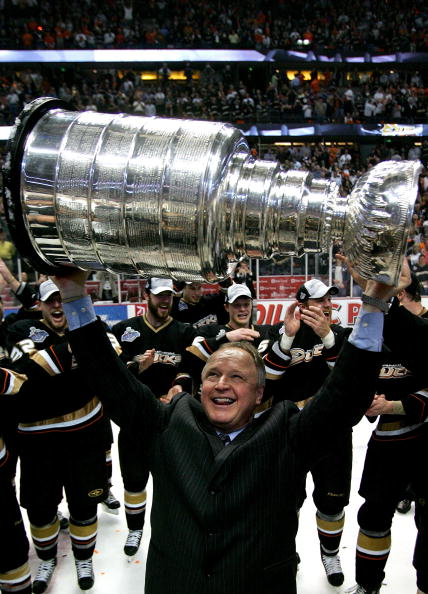 ANAHEIM, CA - JUNE 06:  Head coach Randy Carlyle of the Anaheim Ducks hoists the Stanley Cup after his team's victory over the Ottawa Senators 6-2 during Game Five of the on June 6, 2007 at Honda Center in Anaheim, California.  (Photo by Jim McIsaac/Getty