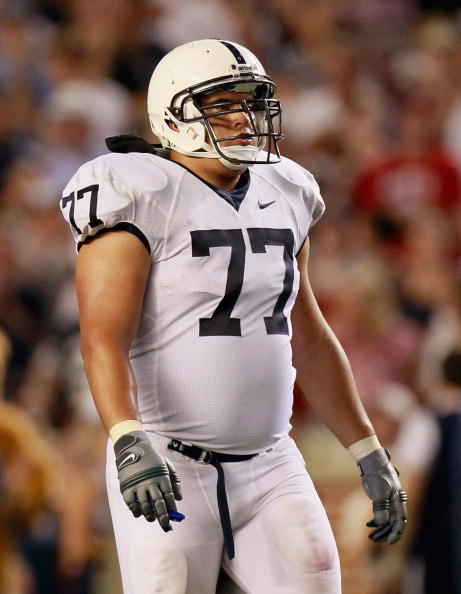 TUSCALOOSA, AL - SEPTEMBER 11:  Lou Eliades #77 of the Penn State Nittany Lions against the Alabama Crimson Tide at Bryant-Denny Stadium on September 11, 2010 in Tuscaloosa, Alabama.  (Photo by Kevin C. Cox/Getty Images)