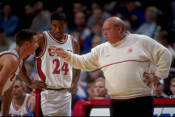 2 Dec 1998:  Coach Rick Majerus of Utah talking to Andre Miller #24 in the huddle during the Great Eight Classic Game against Rhode Island at the United Center in Chicago, Illinois.  Rhode Island defeated Utah 70-63. Mandatory Credit: Jonathan Daniel  /Al