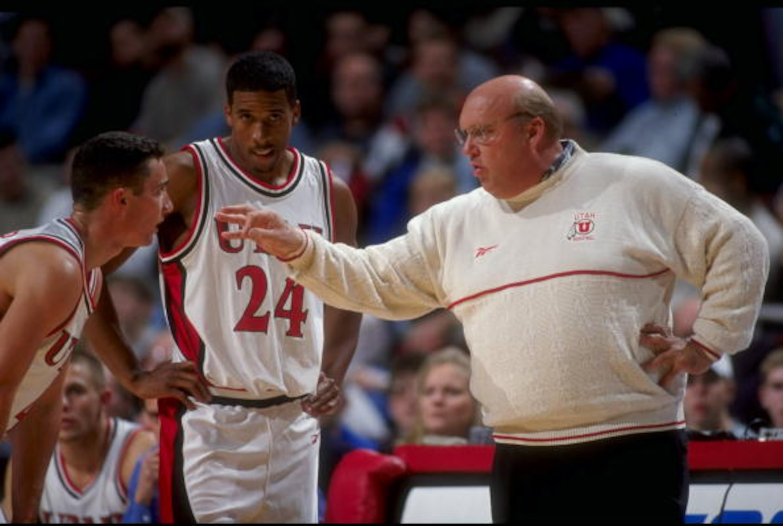 2 Dec 1998:  Coach Rick Majerus of Utah talking to Andre Miller #24 in the huddle during the Great Eight Classic Game against Rhode Island at the United Center in Chicago, Illinois.  Rhode Island defeated Utah 70-63. Mandatory Credit: Jonathan Daniel  /Al
