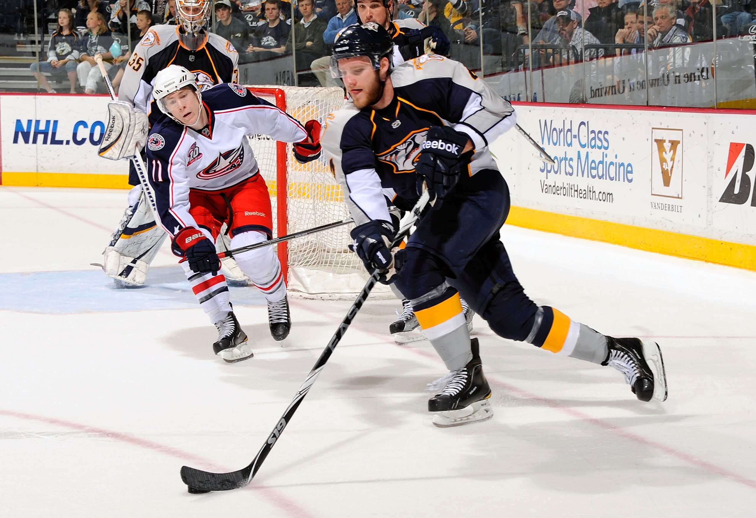 NASHVILLE, TN - APRIL 08: Matt Calvert #11 of the Columbus Blue Jackets skates against Cody Franson #4 of the Nashville Predators on April 8, 2011 at the Bridgestone Arena in Nashville, Tennessee. (Photo by Frederick Breedon/Getty Images) NASHVILLE, TN - APRIL 08: Matt Calvert #11 of the Columbus Blue Jackets skates against Cody Franson #4 of the Nashville Predators on April 8, 2011 at the Bridgestone Arena in Nashville, Tennessee. (Photo by Frederick Breedon/Getty Images)