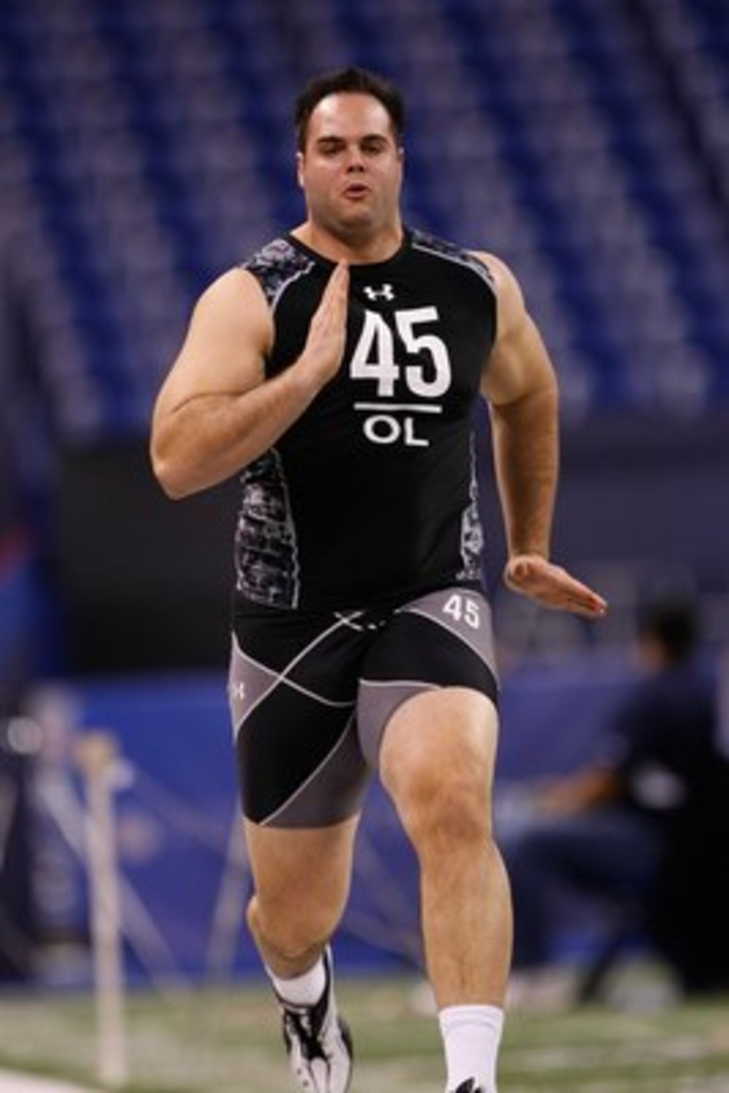 INDIANAPOLIS, IN - FEBRUARY 27: Offensive lineman Thomas Welch of Vanderbilt runs the 40 yard dash during the NFL Scouting Combine presented by Under Armour at Lucas Oil Stadium on February 27, 2010 in Indianapolis, Indiana. (Photo by Scott Boehm/Getty Im