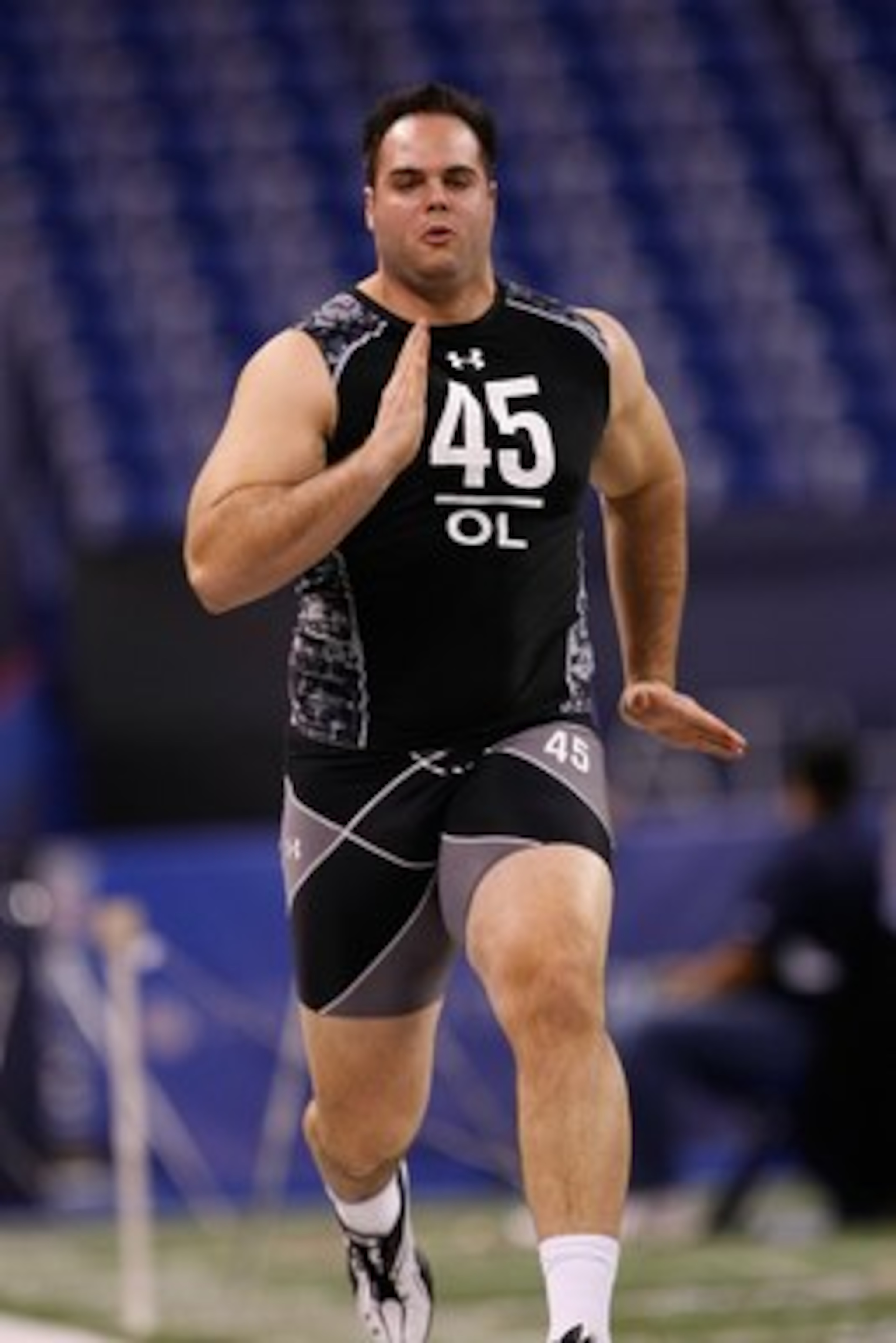 INDIANAPOLIS, IN - FEBRUARY 27: Offensive lineman Thomas Welch of Vanderbilt runs the 40 yard dash during the NFL Scouting Combine presented by Under Armour at Lucas Oil Stadium on February 27, 2010 in Indianapolis, Indiana. (Photo by Scott Boehm/Getty Im