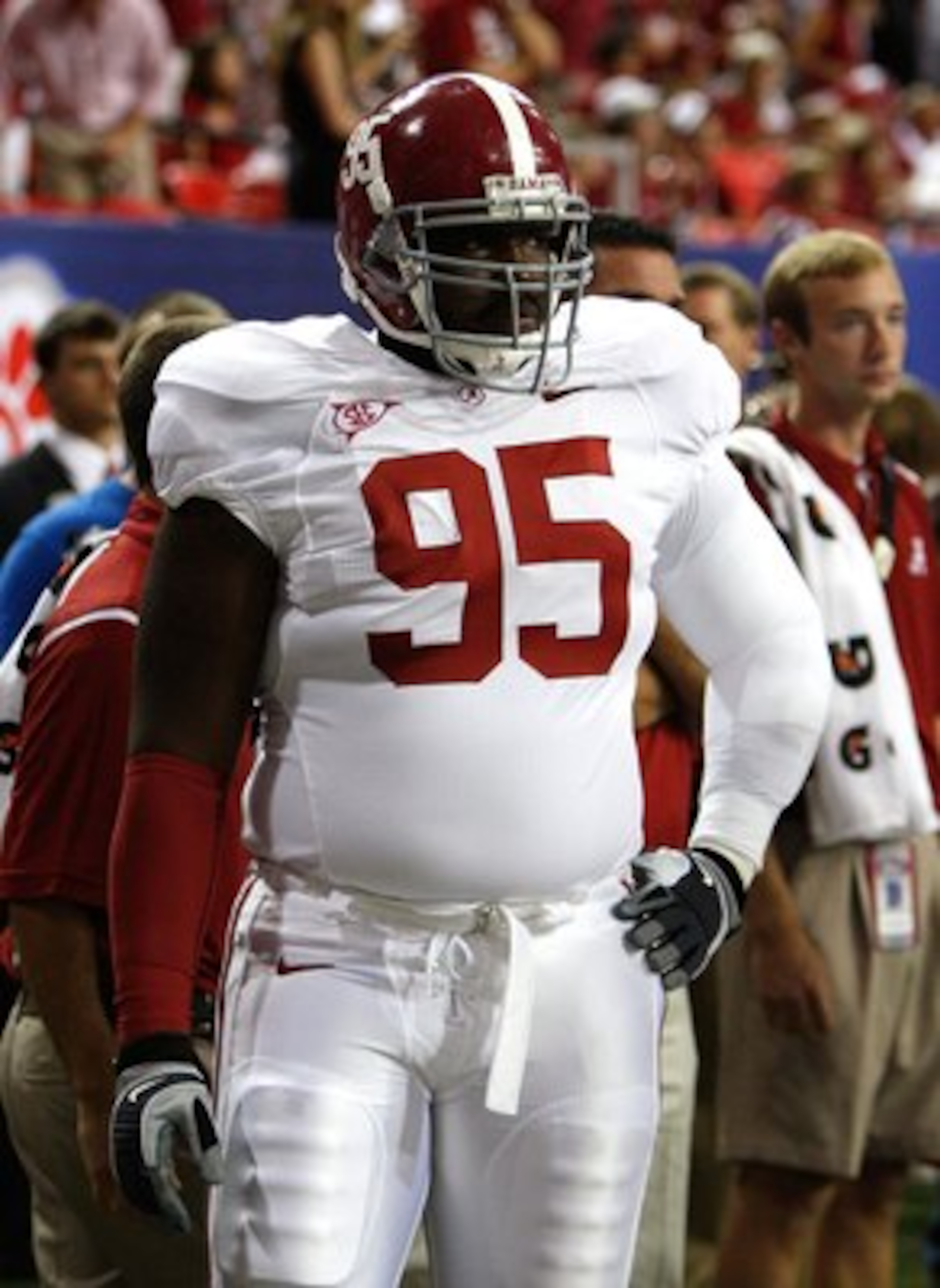 ATLANTA - SEPTEMBER 05:  Defensive lineman Brandon Deaderick #95 of the Alabama Crimson Tide against the Virginia Tech Hokies during the Chick-fil-A Kickoff Game at Georgia Dome on September 5, 2009 in Atlanta, Georgia.  (Photo by Kevin C. Cox/Getty Image