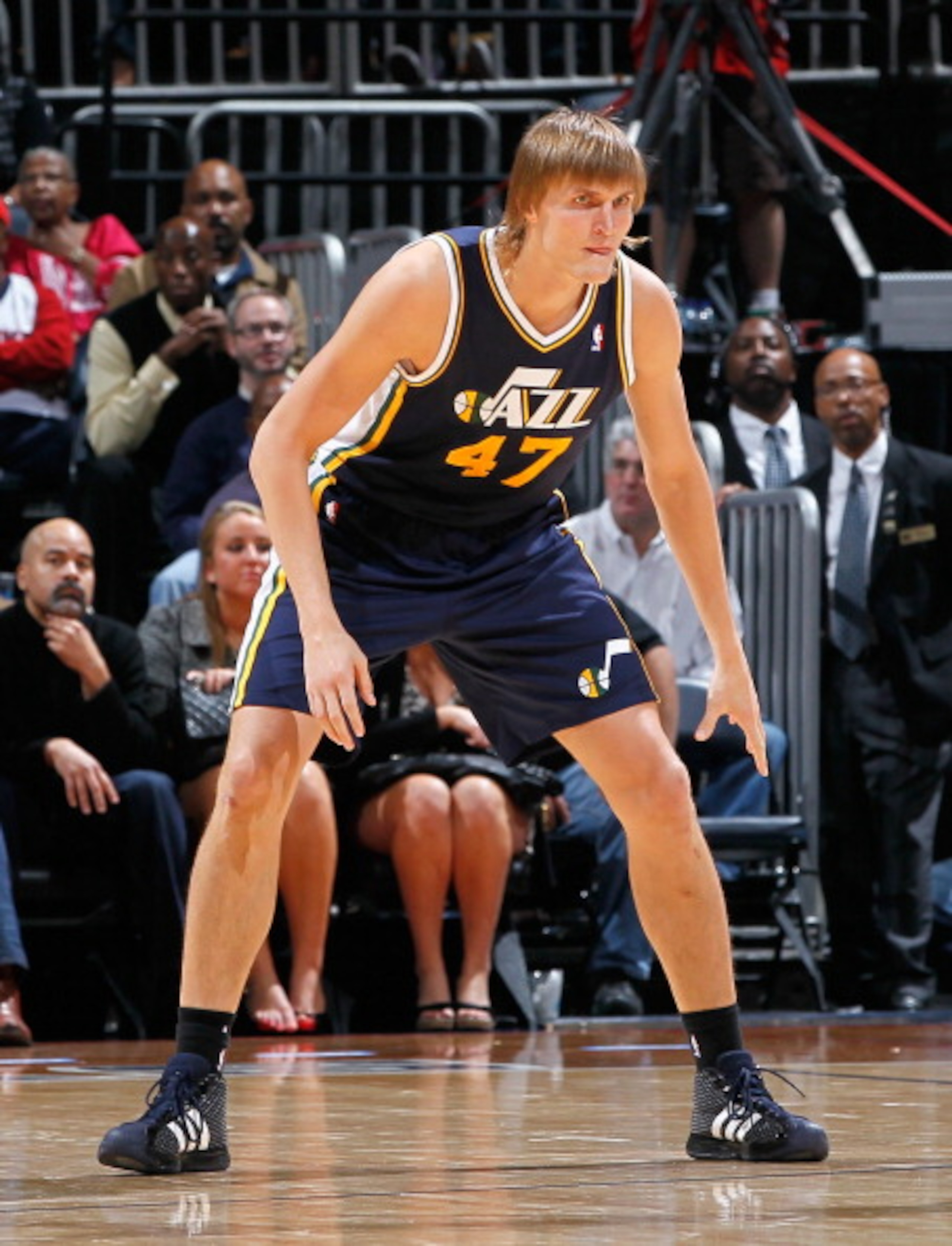 ATLANTA - NOVEMBER 12: Andrei Kirilenko #47 of the Utah Jazz against the Atlanta Hawks at Philips Arena on November 12, 2010 in Atlanta, Georgia. NOTE TO USER: User expressly acknowledges and agrees that, by downloading and/or using this Photograph, Use ATLANTA - NOVEMBER 12: Andrei Kirilenko #47 of the Utah Jazz against the Atlanta Hawks at Philips Arena on November 12, 2010 in Atlanta, Georgia. NOTE TO USER: User expressly acknowledges and agrees that, by downloading and/or using this Photograph, Use