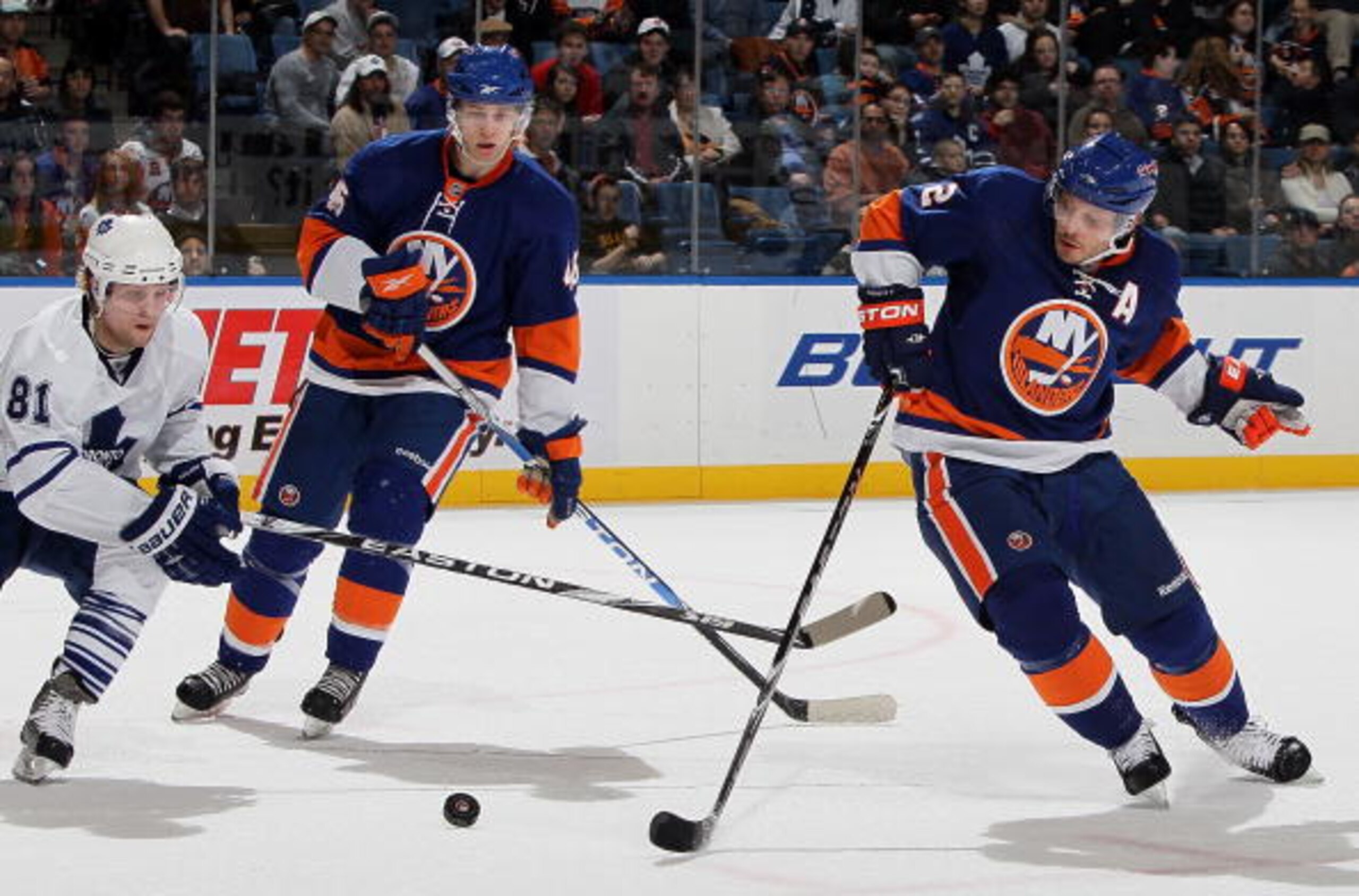 UNIONDALE, NY - MARCH 14:  Mark Streit #2 of the New York Islanders skates against the Toronto Maple Leafs on March 14, 2010 at Nassau Coliseum in Uniondale, New York. The Isles defeated the Leafs 4-1.  (Photo by Jim McIsaac/Getty Images)