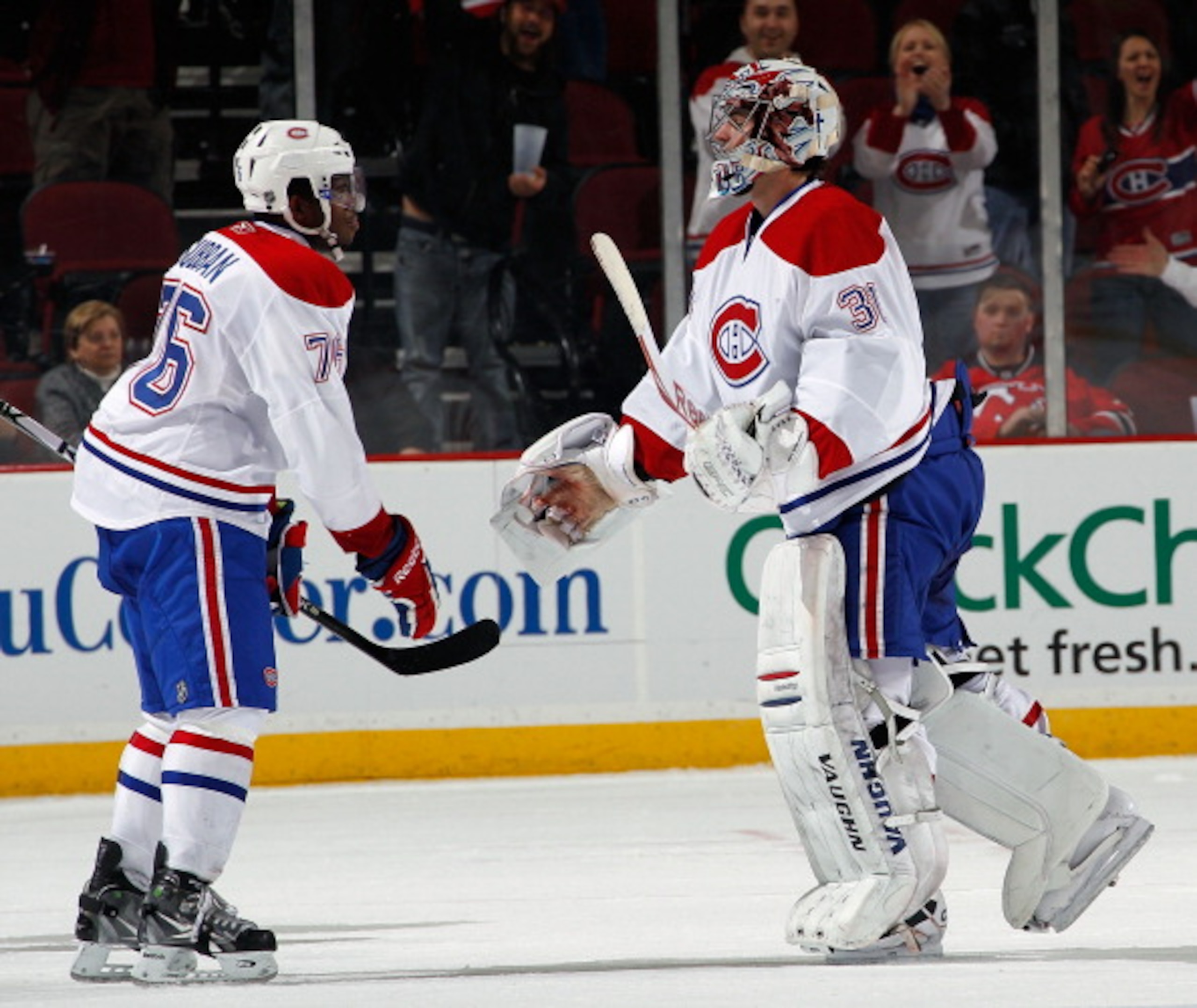 NEWARK, NJ - APRIL 02: P.K. Subban #76 of the Montreal Canadians congratulates goalie Carey Price #31 on a win over the New Jersey Devils in an NHL hockey game at the Prudential Center on April 2, 2011 in Newark, New Jersey. (Photo by Paul Bereswill/Get NEWARK, NJ - APRIL 02: P.K. Subban #76 of the Montreal Canadians congratulates goalie Carey Price #31 on a win over the New Jersey Devils in an NHL hockey game at the Prudential Center on April 2, 2011 in Newark, New Jersey. (Photo by Paul Bereswill/Get