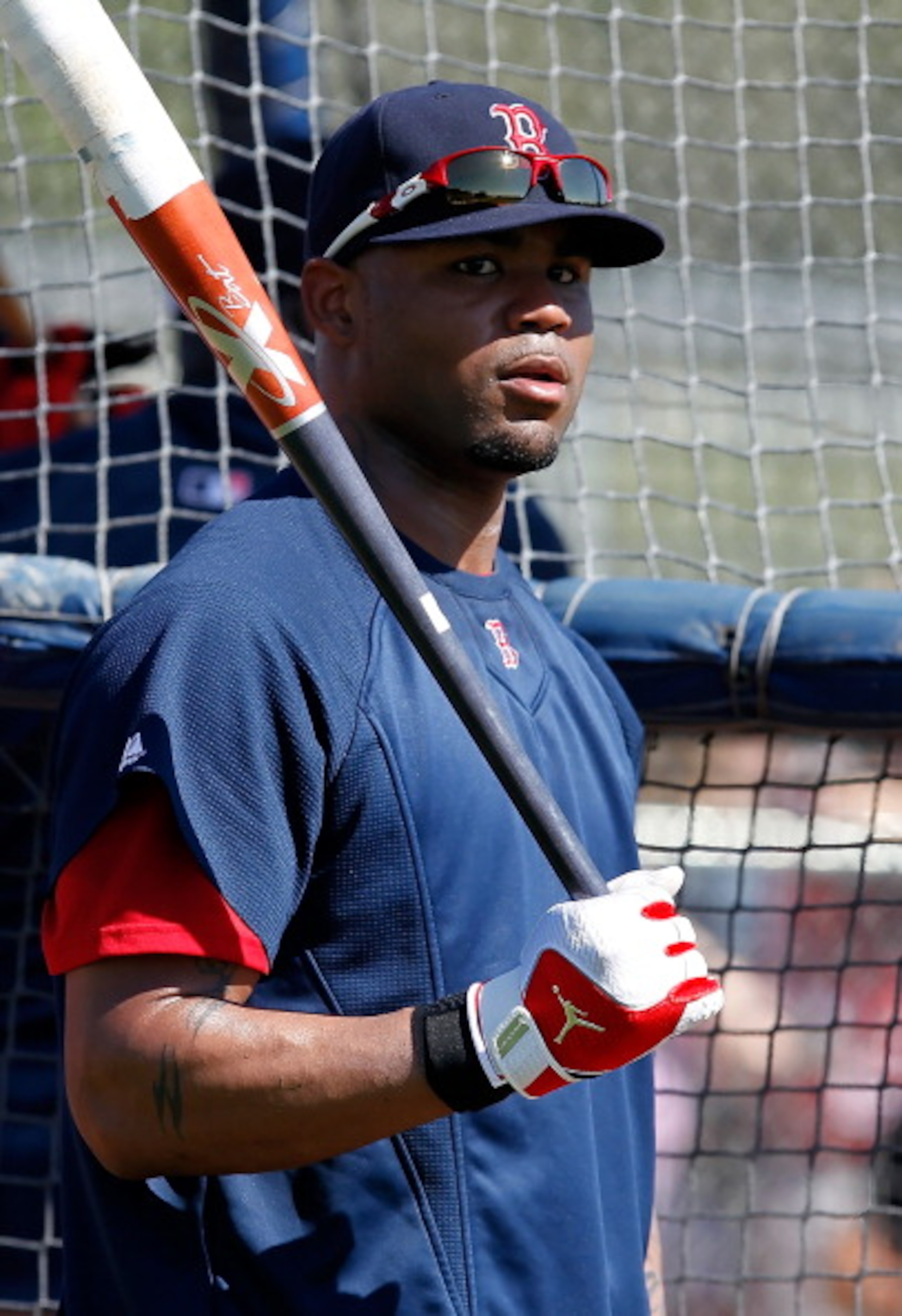 FORT MYERS, FL - FEBRUARY 19:  Outfielder Carl Crawford #13 of the Boston Red Sox takes batting practice during a Spring Training Workout Session at the Red Sox Player Development Complex on February 19, 2011 in Fort Myers, Florida.  (Photo by J. Meric/Ge