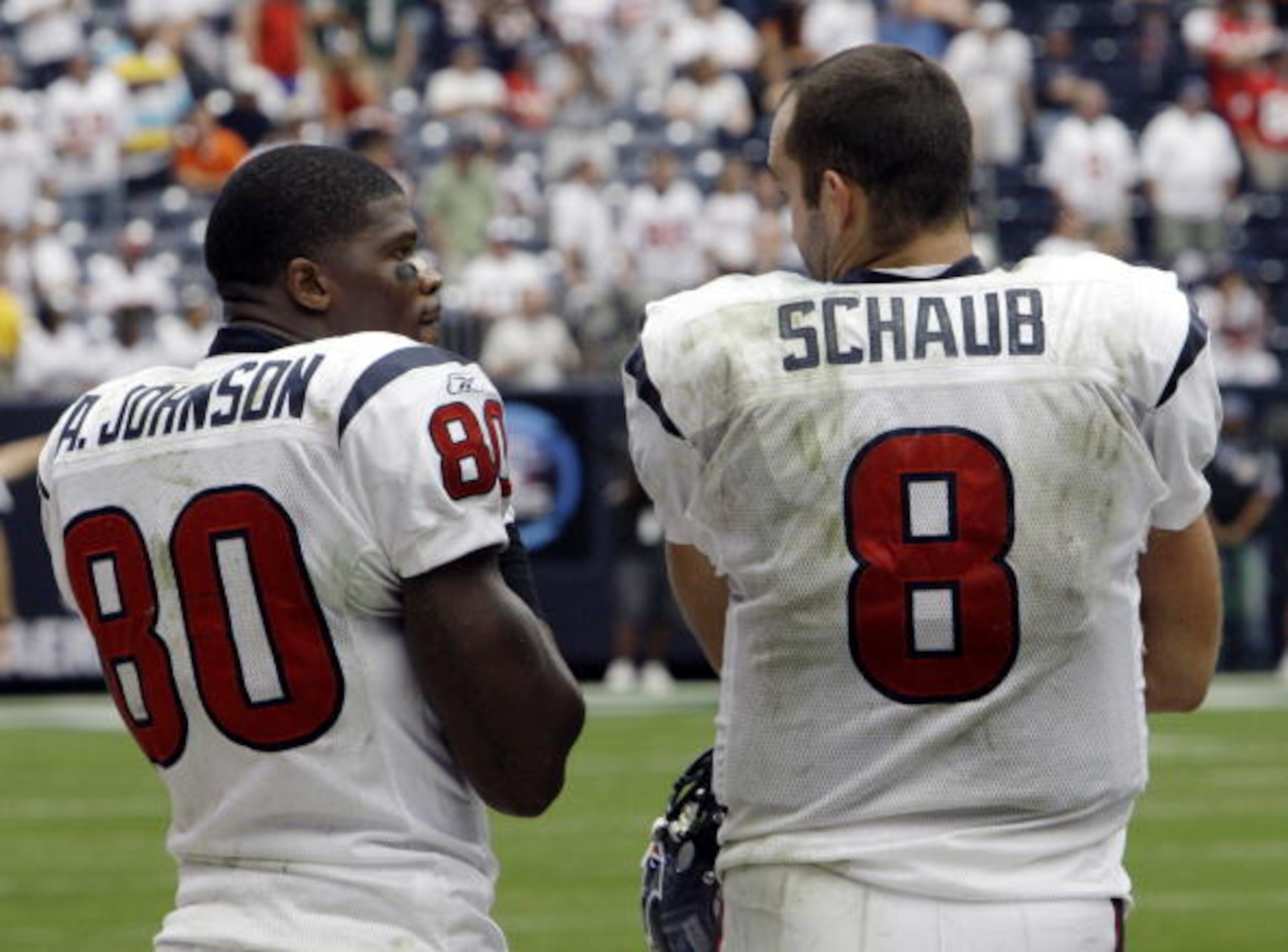 HOUSTON - SEPTEMBER 13:  Wide receiver Andre Johnson #80 and quarterback Matt Schaub of the Houston Texans watch the final moments from the sidelines at Reliant Stadium on September 13, 2009 in Houston, Texas.  (Photo by Bob Levey/Getty Images)
