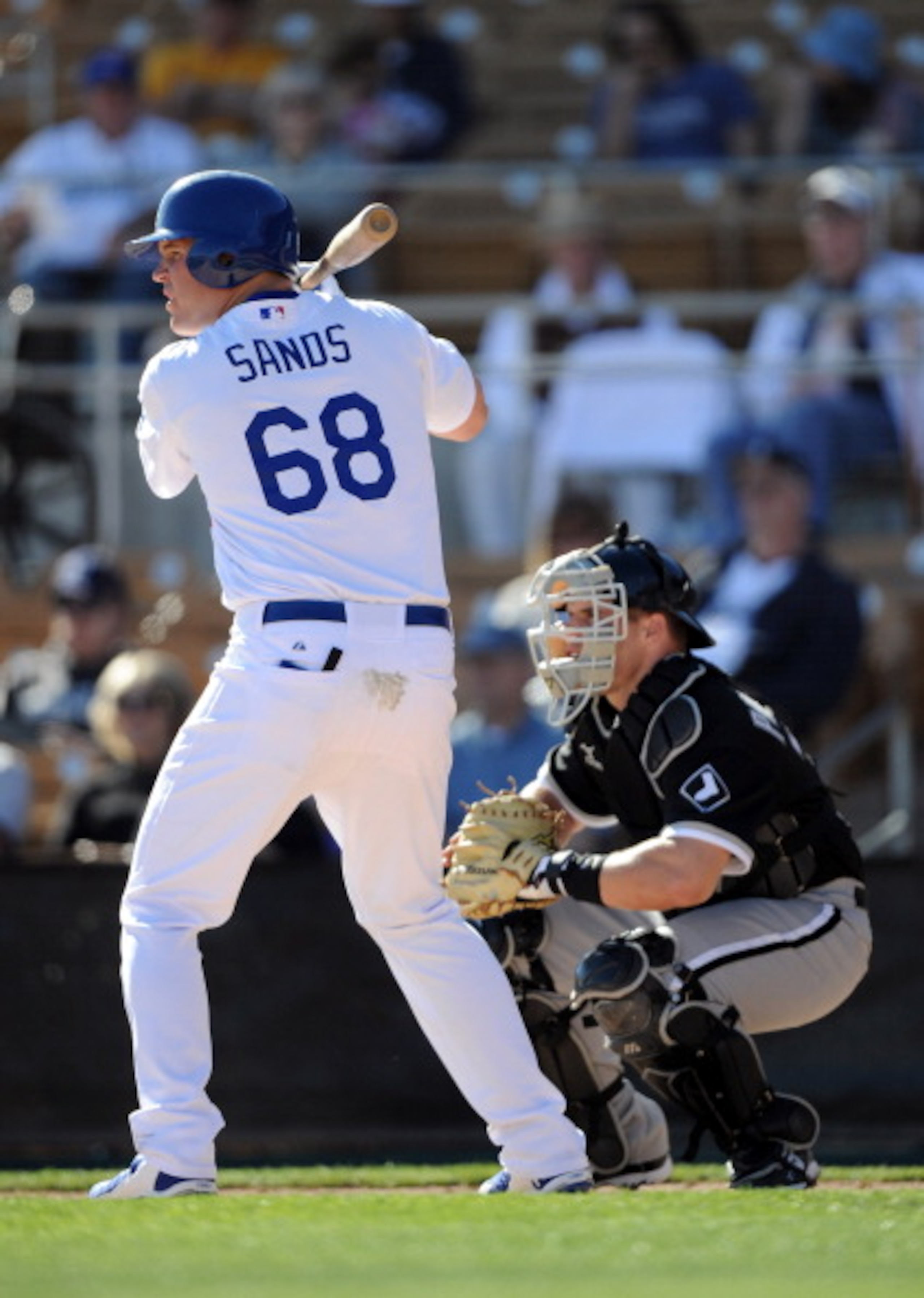 PHOENIX, AZ - FEBRUARY 28:  Jerry Sands #68 of the Los Angeles Dodgers at bat during spring training at Camelback Ranch on February 28, 2011 in Phoenix, Arizona.  (Photo by Harry How/Getty Images)