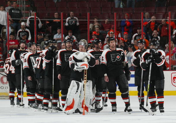 PHILADELPHIA - MAY 2:  The Philadelphia Flyers wait for the ceremonial handshake following their 7-1 loss to the Buffalo Sabres in game six of the NHL Eastern Conference quarter-finals on May 2, 2006 at the Wachovia Center in Philadelphia, Pennsylvania.