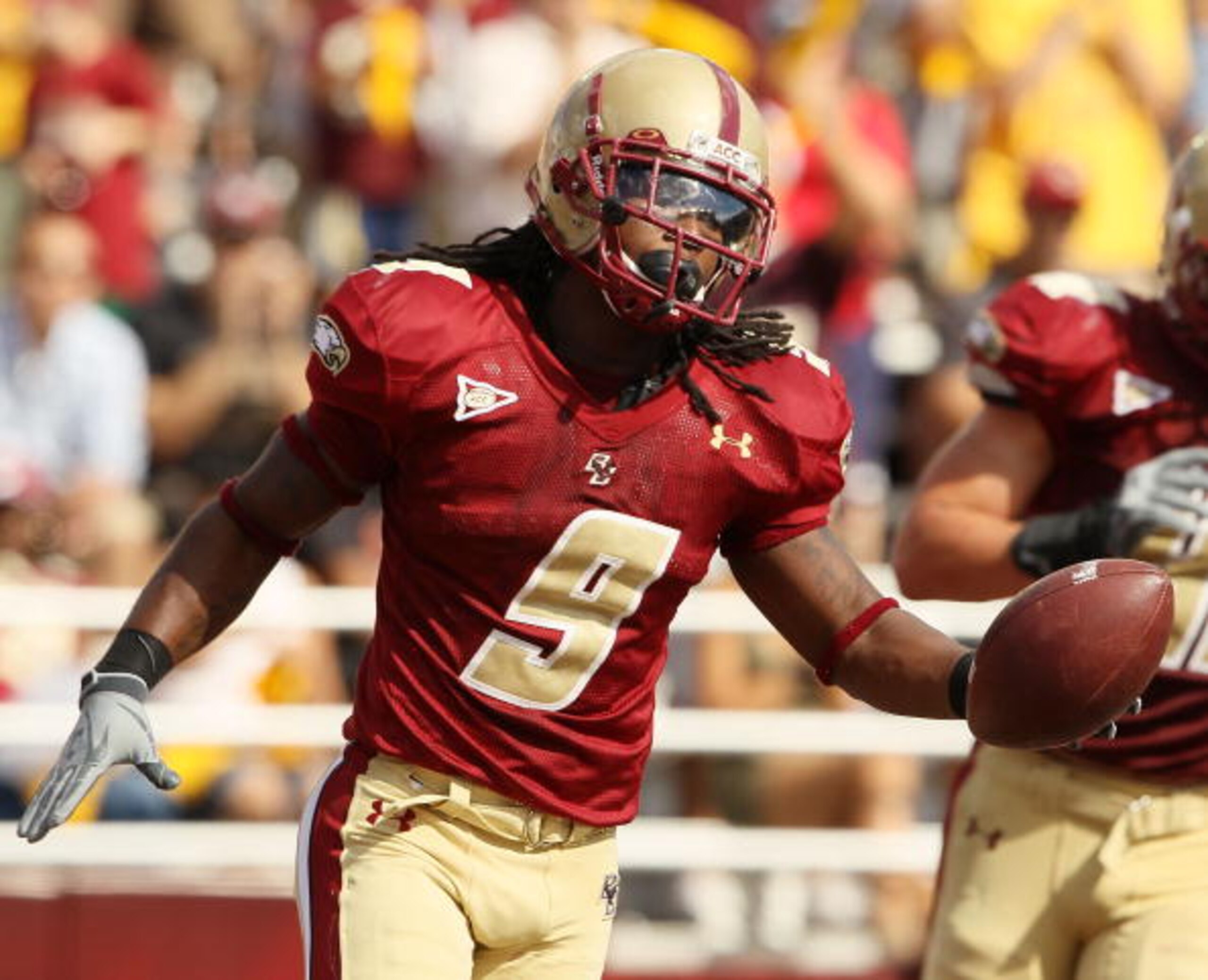 CHESTNUT HILL, MA - SEPTEMBER 04:  DeLeon Gause #9 of the Boston College Eagles celebrates after he intercepted the ball and ran it in for a touchdown in the third quarter against the Weber State Wildcats on September 4, 2010 at Alumni Stadium in Chestnut