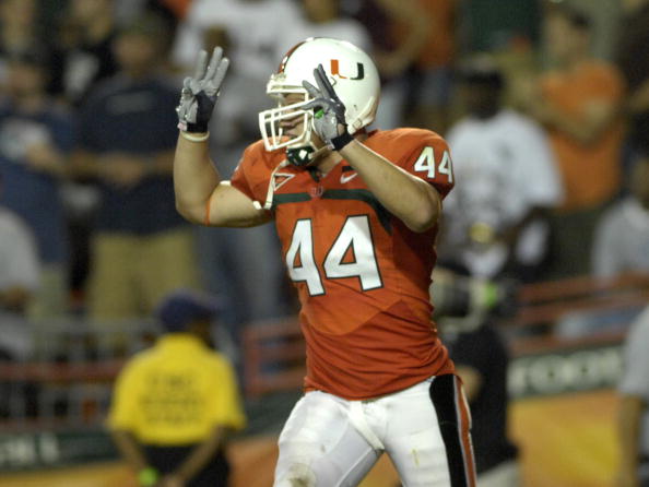 MIAMI, FL - SEPTEMBER 20: Linebacker Colin McCarthy #44 of the University of Miami Hurricanes celebrates a defensive play against the Texas A&M Aggies at the Orange Bowl on September 20, 2007 in Miami, Florida. Miami won 31-17. (Photo by Al Messerschmi MIAMI, FL - SEPTEMBER 20: Linebacker Colin McCarthy #44 of the University of Miami Hurricanes celebrates a defensive play against the Texas A&M Aggies at the Orange Bowl on September 20, 2007 in Miami, Florida. Miami won 31-17. (Photo by Al Messerschmi