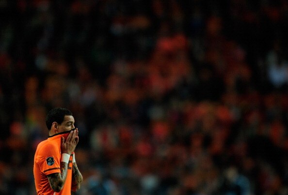 AMSTERDAM, NETHERLANDS - MARCH 29:  Gregory van der Wiel of the Netherlands in action during the Group E, EURO 2012 Qualifier between Netherlands and Hungary at the Amsterdam Arena on March 29, 2011 in Amsterdam, Netherlands.  (Photo by Jamie McDonald/Get