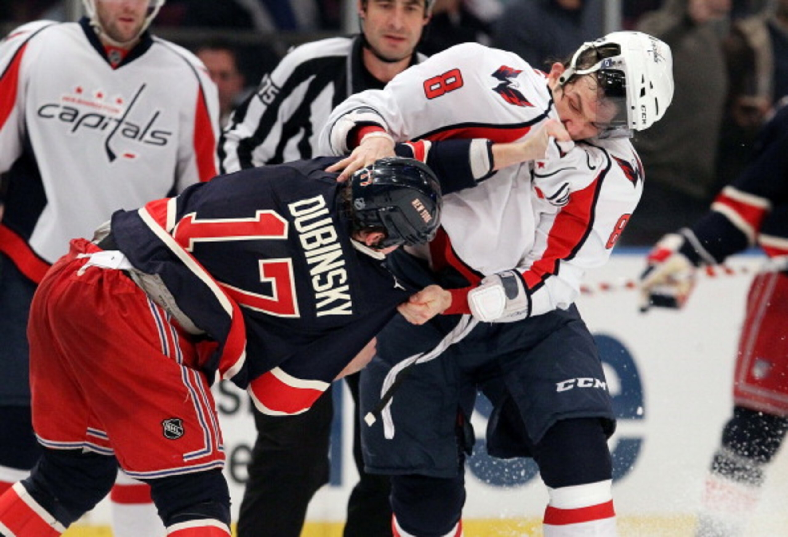 NEW YORK, NY - DECEMBER 12: Alex Ovechkin #8 of the Washington Capitals trades punches during the second period against Brandon Dubinsky #17 of the New York Rangers on December 12, 2010 at Madison Square Garden in New York City. (Photo by Jim McIsaac/Ge NEW YORK, NY - DECEMBER 12: Alex Ovechkin #8 of the Washington Capitals trades punches during the second period against Brandon Dubinsky #17 of the New York Rangers on December 12, 2010 at Madison Square Garden in New York City. (Photo by Jim McIsaac/Ge
