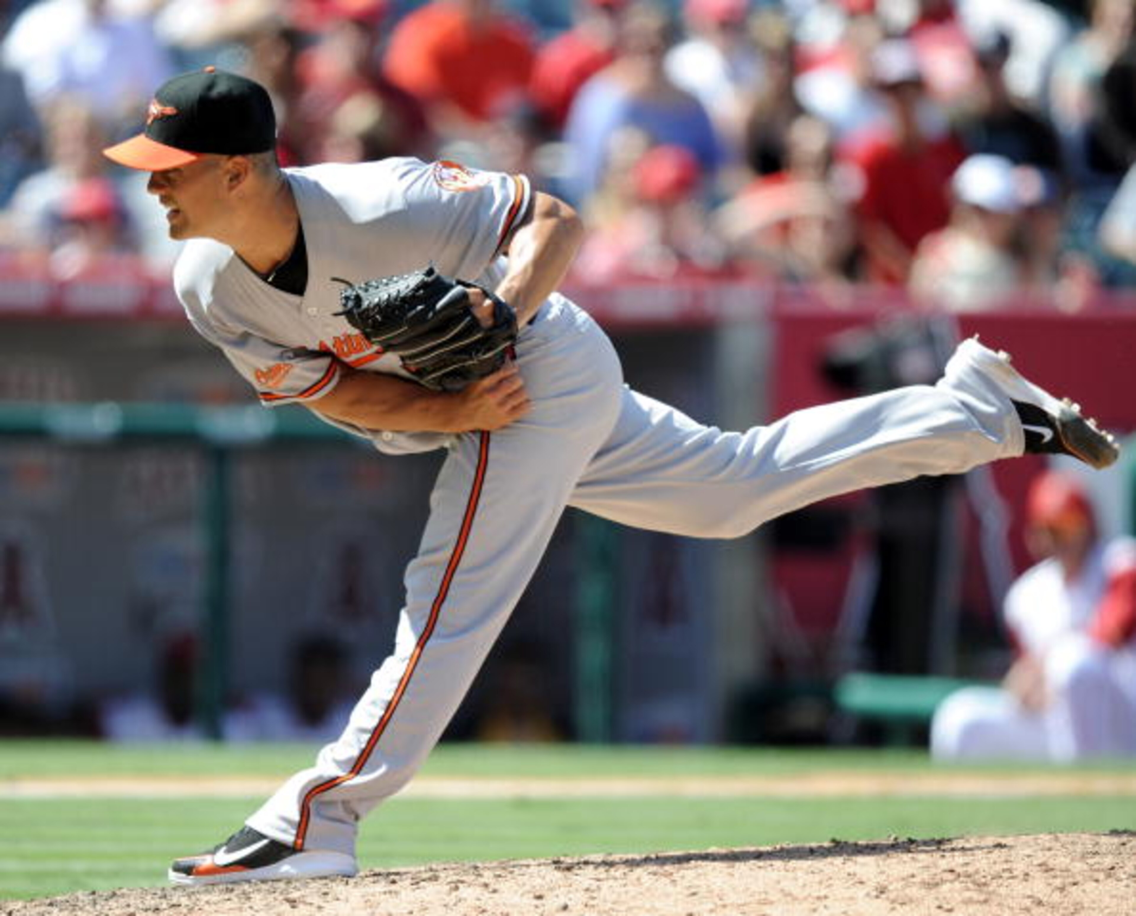 ANAHEIM, CA - AUGUST 29:  Jeremy Guthrie #46 of the Baltimore Orioles pitches against the Los Angeles Angels of Anaheim during the ninth inning at Angel Stadium on August 29, 2010 in Anaheim, California.  (Photo by Harry How/Getty Images)