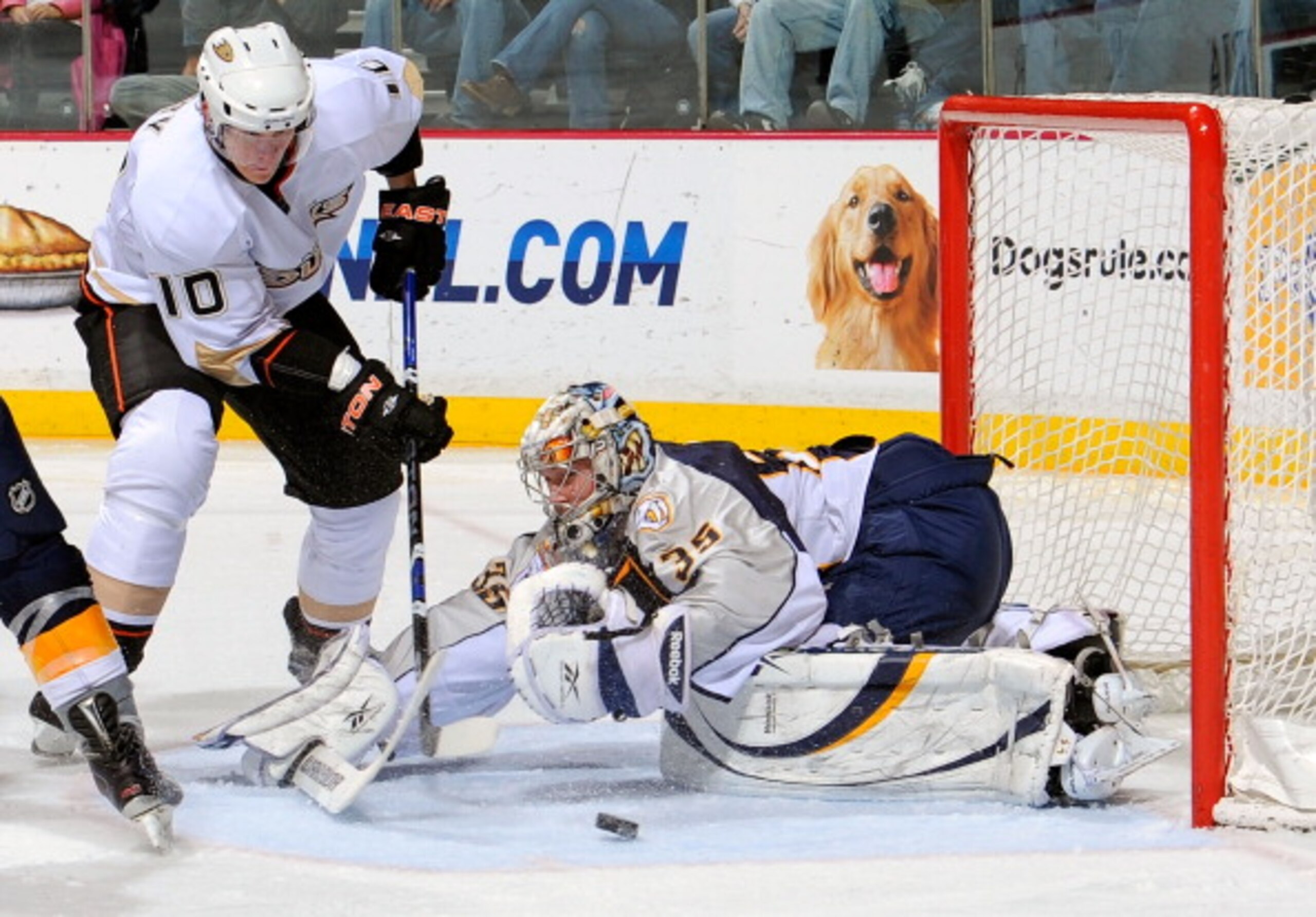NASHVILLE, TN - MARCH 24: Pekka Rinne #35 of the Nashville Predators makes a save on Corey Perry #10 of the Anaheim Ducks on March 24, 2011 at the Bridgestone Arena in Nashville, Tennessee. (Photo by Frederick Breedon/Getty Images) NASHVILLE, TN - MARCH 24: Pekka Rinne #35 of the Nashville Predators makes a save on Corey Perry #10 of the Anaheim Ducks on March 24, 2011 at the Bridgestone Arena in Nashville, Tennessee. (Photo by Frederick Breedon/Getty Images)