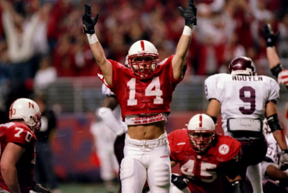 6 Dec 1997:  Running back Lance Brown of the Nebraska Cornhuskers celebrates during a game against the Texas A&M Aggies at the Alamodome in San Antonio, Texas.  Nebraska won the game 54-15. Mandatory Credit: Stephen Dunn  /Allsport