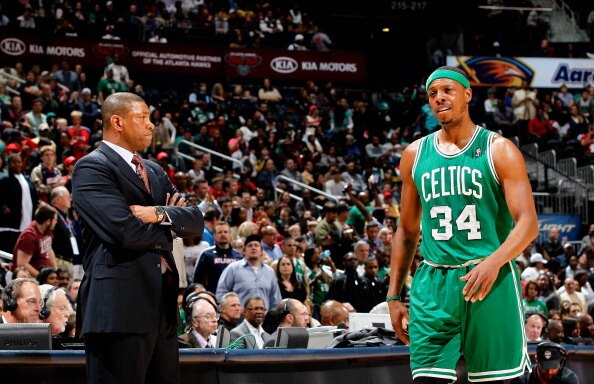 ATLANTA, GA - APRIL 01:  Paul Pierce #34 of the Boston Celtics and head coach Doc Rivers against the Atlanta Hawks at Philips Arena on April 1, 2011 in Atlanta, Georgia.  NOTE TO USER: User expressly acknowledges and agrees that, by downloading and/or usi