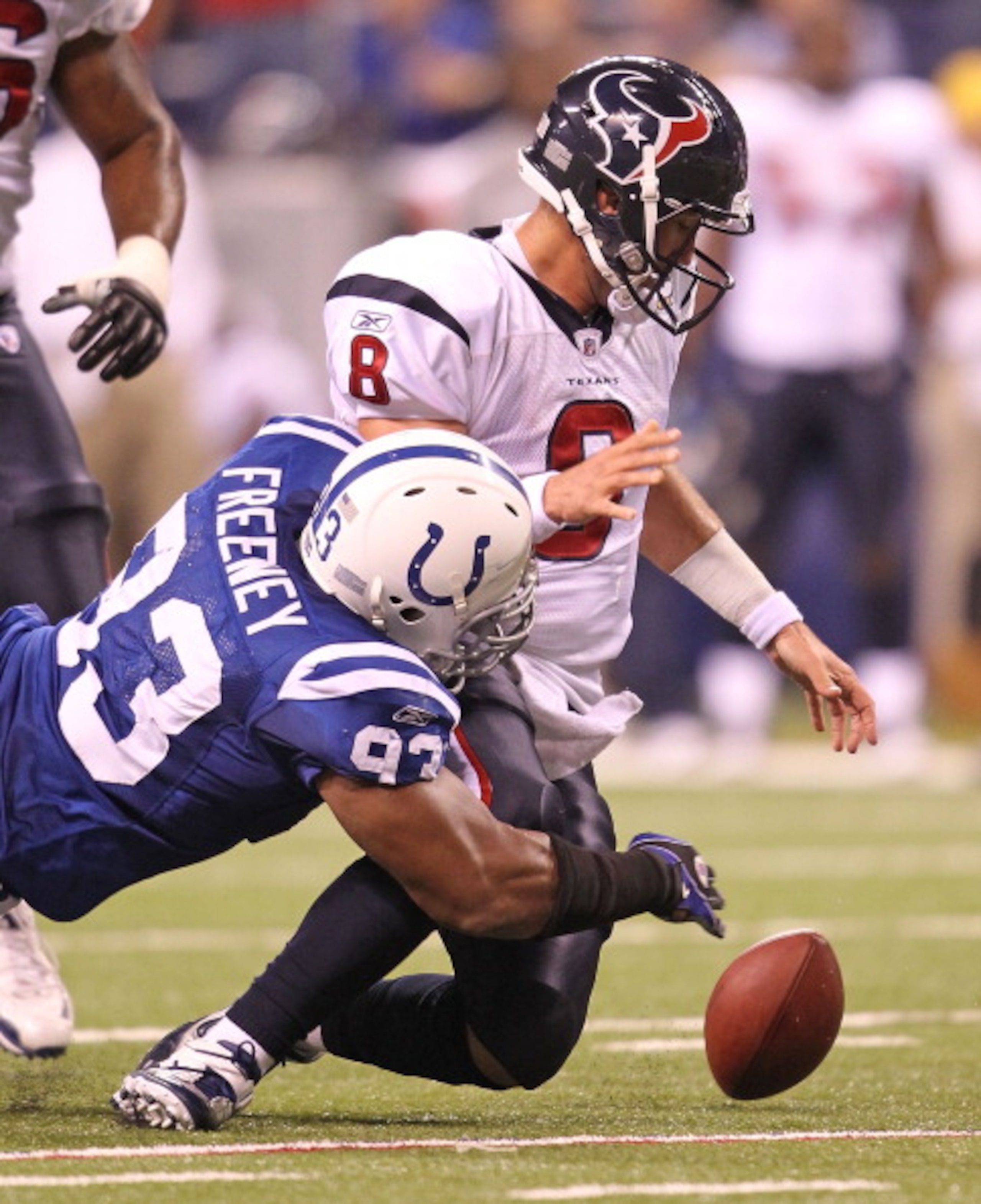 INDIANAPOLIS - NOVEMBER 01: Matt Schaub #8 of Houston Texans fumbles the ball while being tackled by Dwight Freeney #93 of the Indianapolis Colts during the NFL game at Lucas Oil Stadium on November 1, 2010 in Indianapolis, Indiana. (Photo by Andy Lyon INDIANAPOLIS - NOVEMBER 01: Matt Schaub #8 of Houston Texans fumbles the ball while being tackled by Dwight Freeney #93 of the Indianapolis Colts during the NFL game at Lucas Oil Stadium on November 1, 2010 in Indianapolis, Indiana. (Photo by Andy Lyon