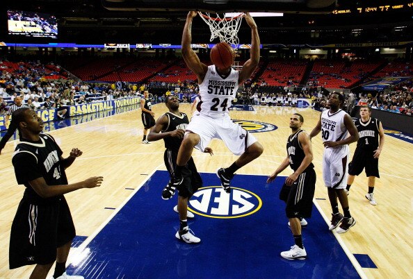 ATLANTA, GA - MARCH 11:  Kodi Augustus #24 of the Mississippi State Bulldogs dunks against the Vanderbilt Commodores during the quarterfinals of the SEC Men's Basketball Tournament at Georgia Dome on March 11, 2011 in Atlanta, Georgia. The Commodores defe