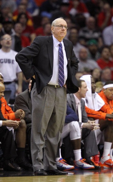 CLEVELAND, OH - MARCH 20: Head coach Jim Boeheim of the Syracuse Orange looks on from the bench during the game against the Marquette Golden Eagles during the third of the 2011 NCAA men's basketball tournament at Quicken Loans Arena on March 20, 2011 in C