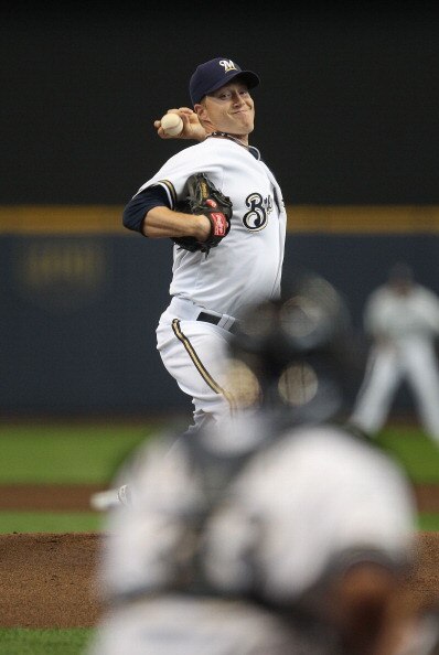 MILWAUKEE, WI - APRIL 04: Starting pitcher Chris Narveson #38 of the Milwaukee Brewers delivers the ball against the Atlanta Braves during the home opener at Miller Park on April 4, 2011 in Milwaukee, Wisconsin. The Braves defeated the Brewers 2-1.  (Phot
