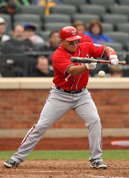 NEW YORK, NY - APRIL 10:  Ivan Rodriguez #7  of the Washington Nationals bunts against  the New York Mets during their game on April 10, 2011 at Citi Field in the Flushing neighborhood of the Queens borough of New York City.  (Photo by Al Bello/Getty Imag