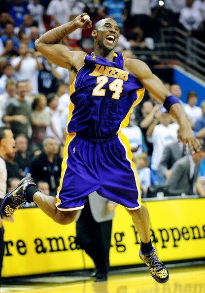 ORLANDO, FL - JUNE 14:  Kobe Bryant #24 of the Los Angeles Lakers celebrates after defeating the Orlando Magic 99-86 in Game Five of the 2009 NBA Finals on June 14, 2009 at Amway Arena in Orlando, Florida.  NOTE TO USER:  User expressly acknowledges and a